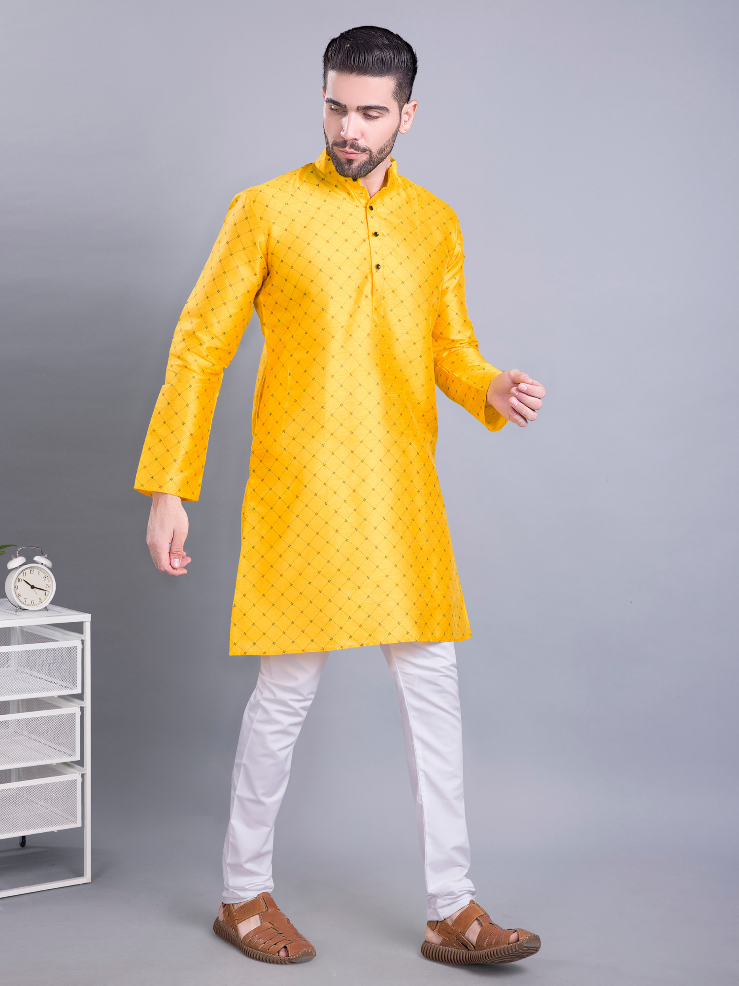 Coral Peach Hloom Printed Silk Kurta