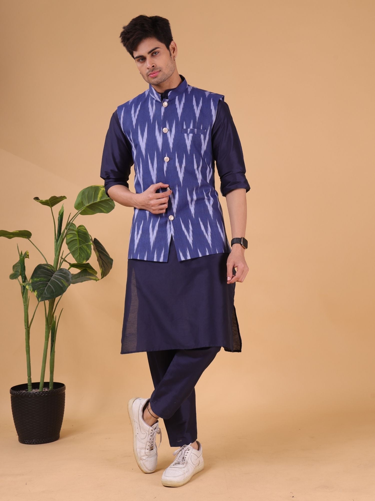 Iris Blue Solid Pattern Cotton Kurta Jacket Set