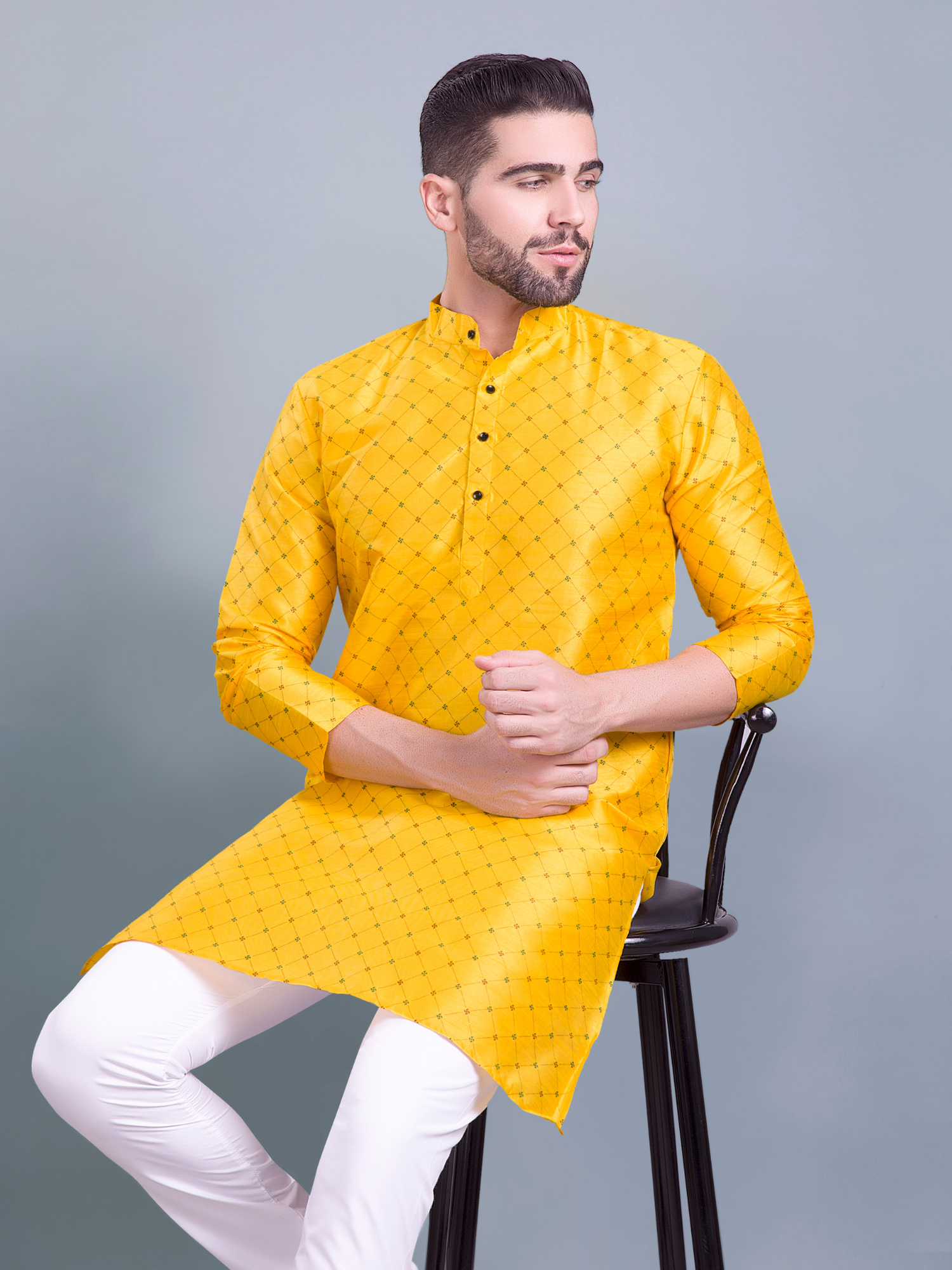 Coral Peach Hloom Printed Silk Kurta