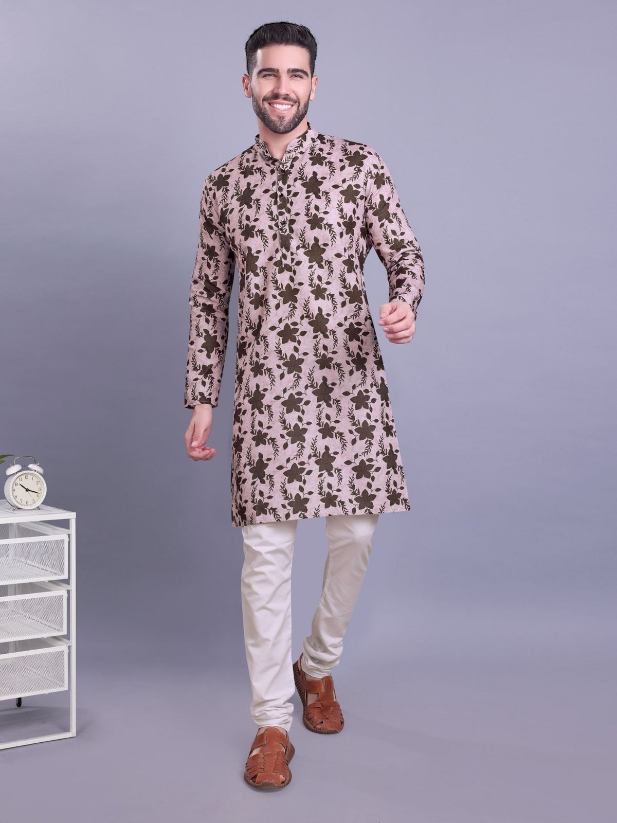 Coral Peach Indi Print Cotton Kurta