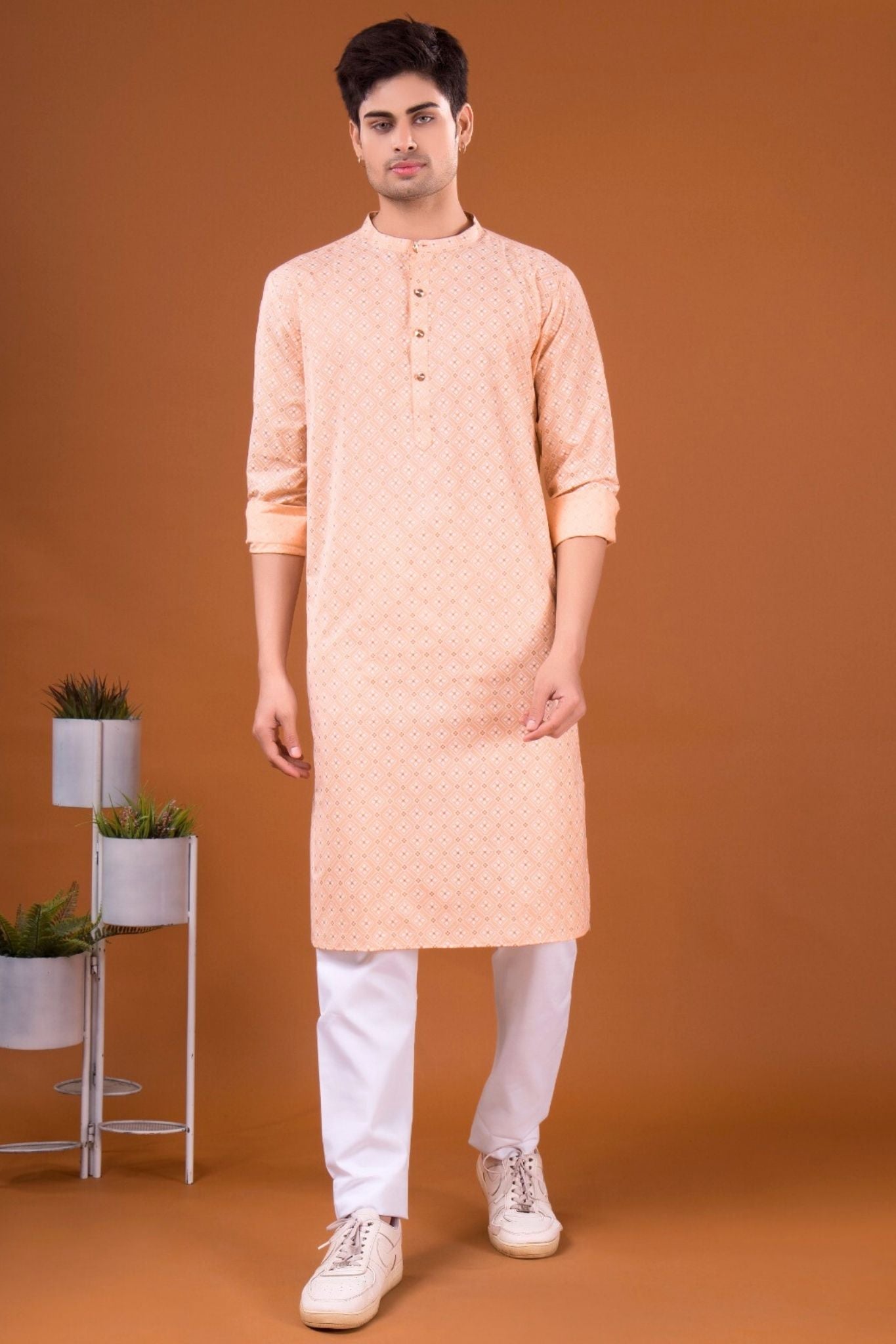 Butter Cream Lotus Gold Printed Cotton Kurta