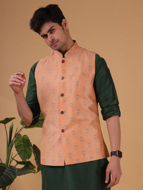 Apricot Orange Buti Pattern Cotton Silk Nehru Jacket