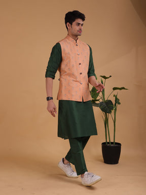 Apricot Orange Buti Pattern Cotton Silk Nehru Jacket