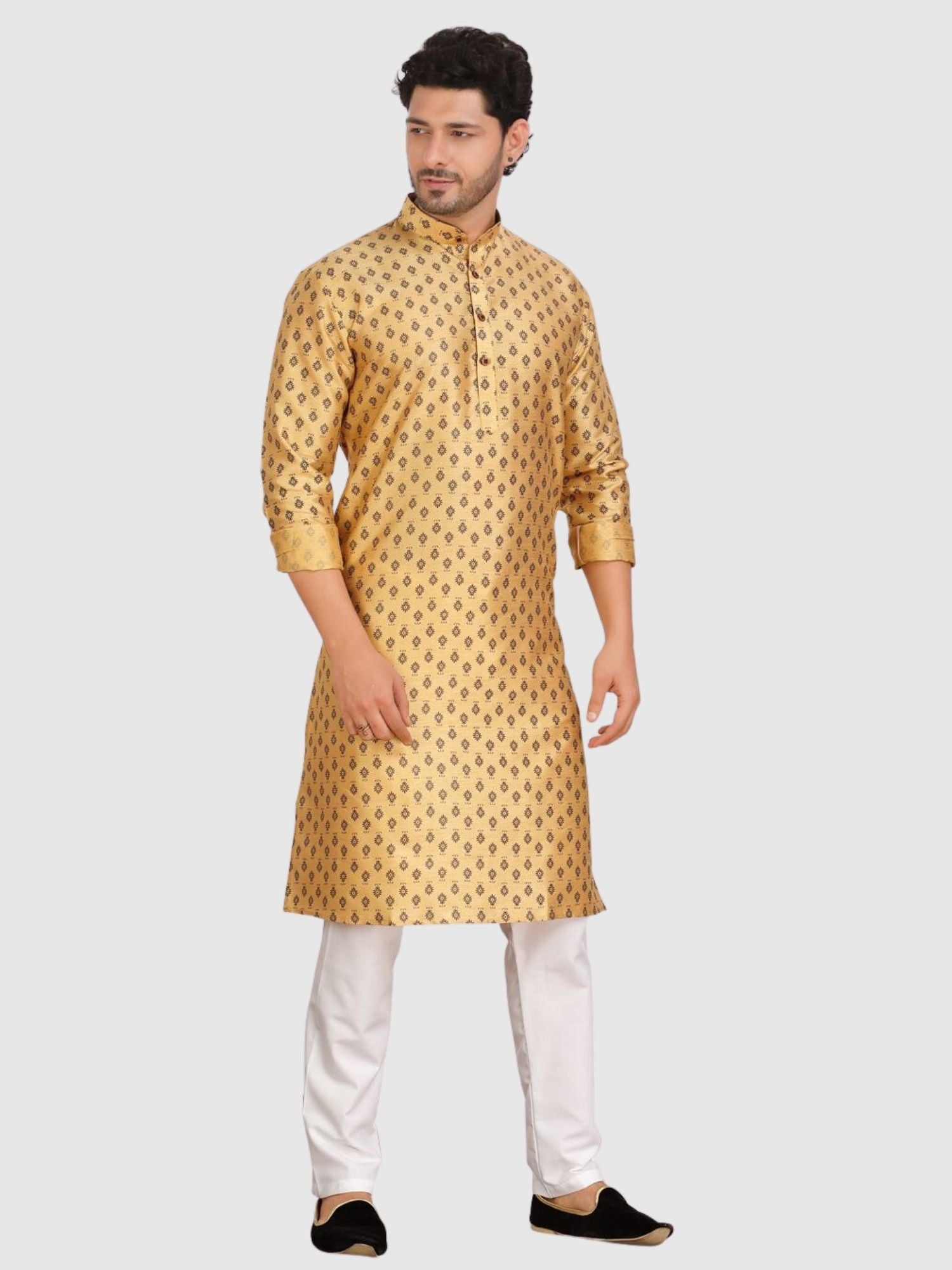 Butter Cream Silk Printed Kurta  and Matching Dhoti