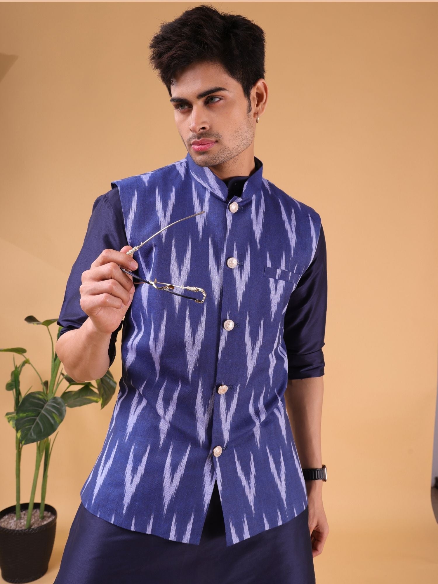 Iris Blue Solid Pattern Cotton Kurta Jacket Set