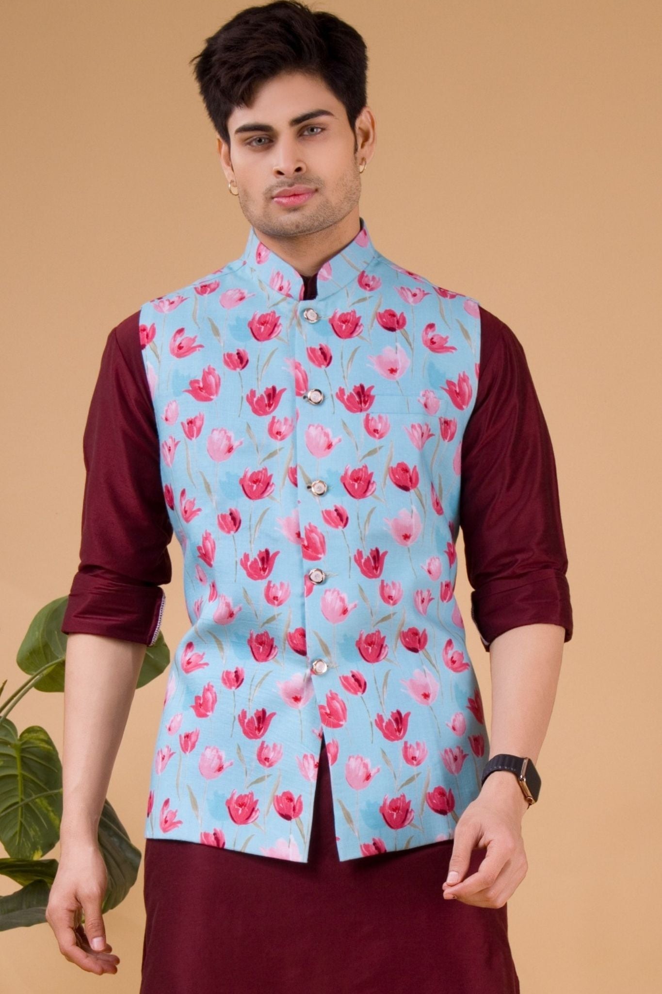 Light Blue Solid Pattern Silk Kurta Jacket Set