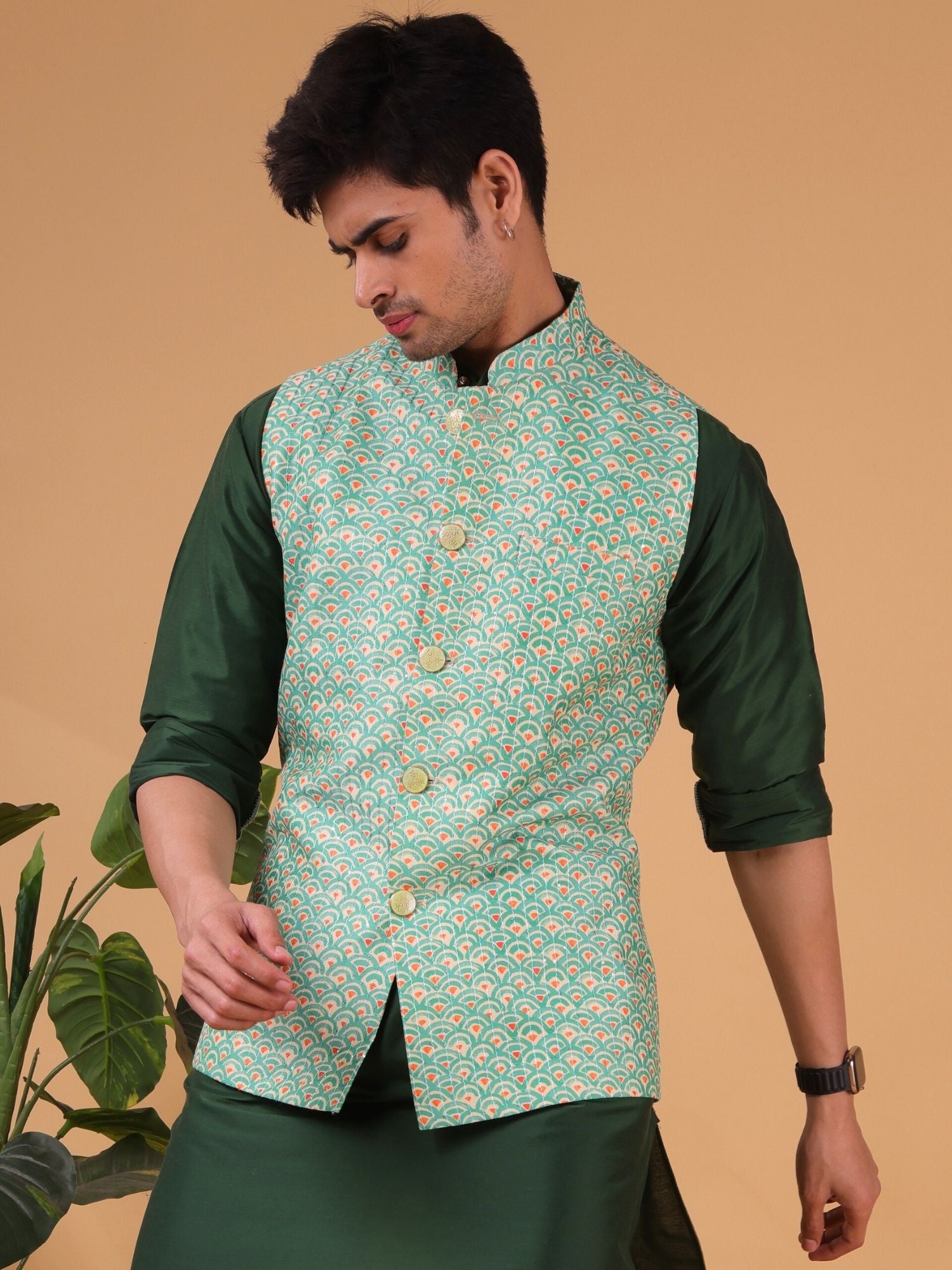 Tropical Green Ikat Print Linen Cotton Nehru Jacket