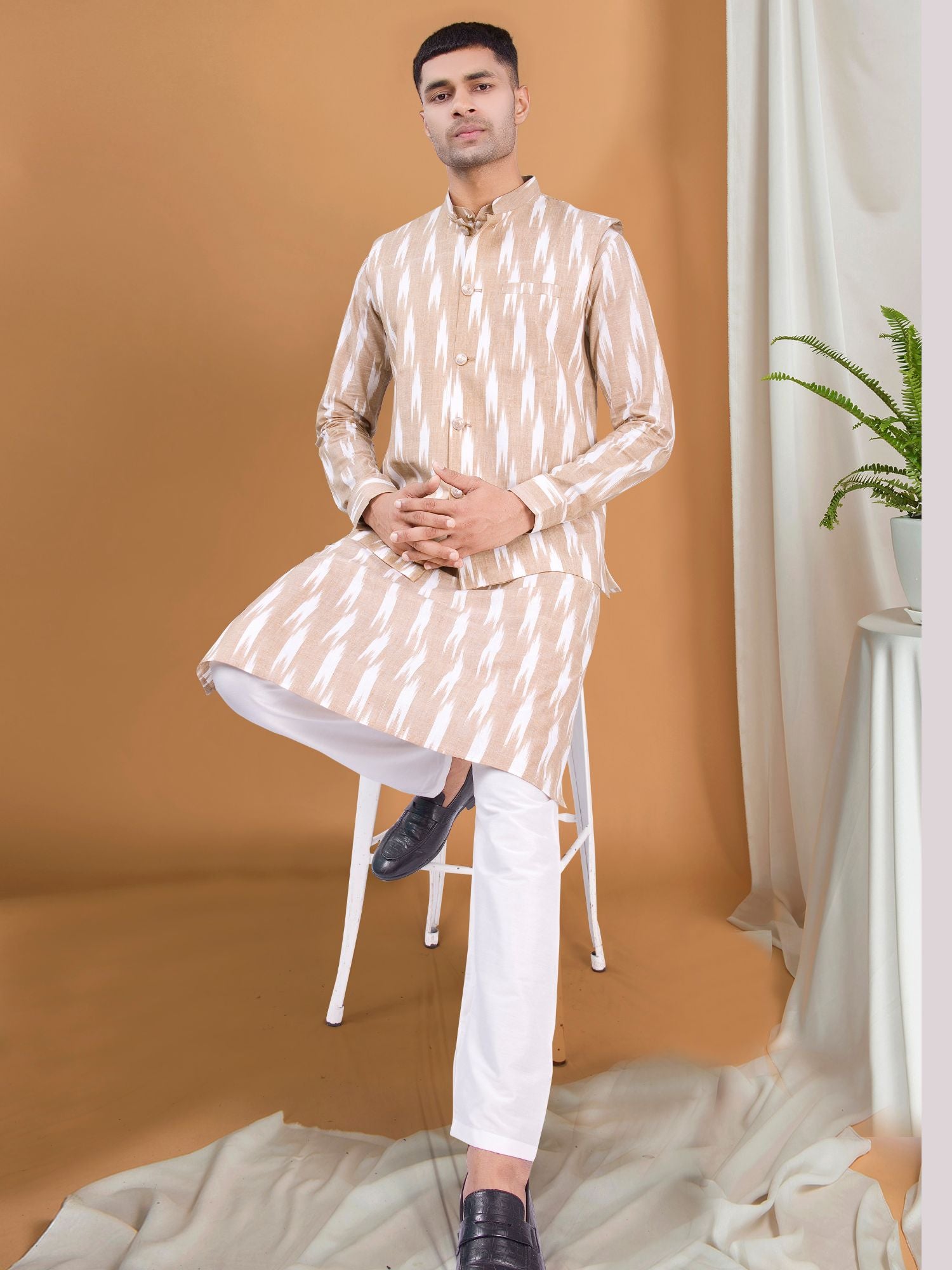 Cider Brown Ikat Print Kurta Jacket Set