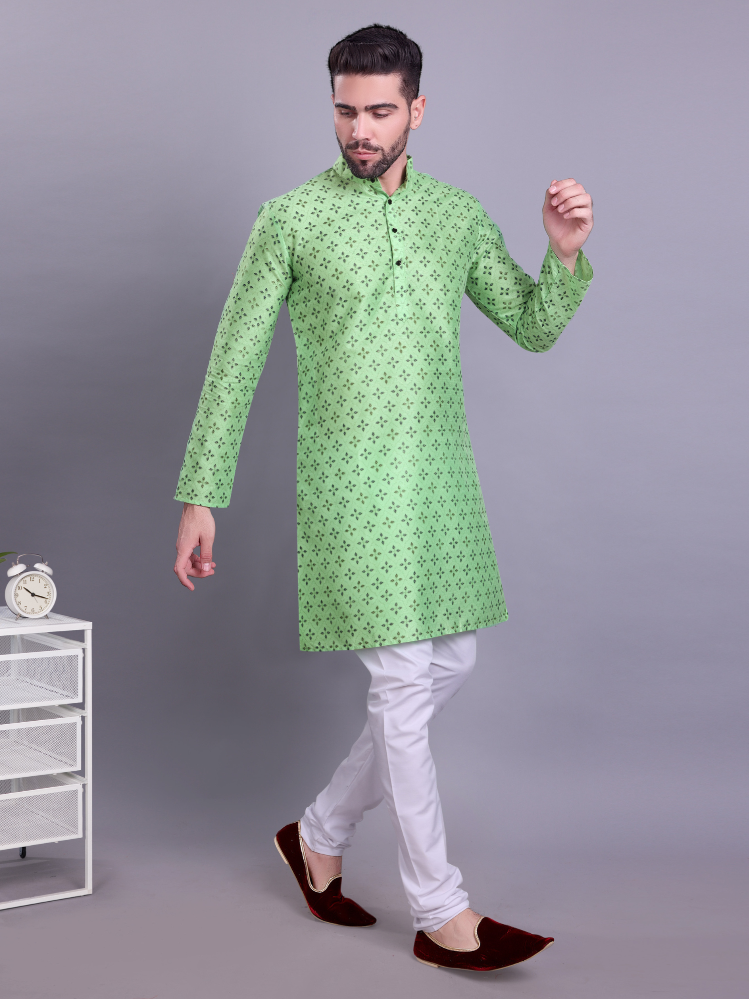 Coral Peach Hloom Printed Silk Kurta