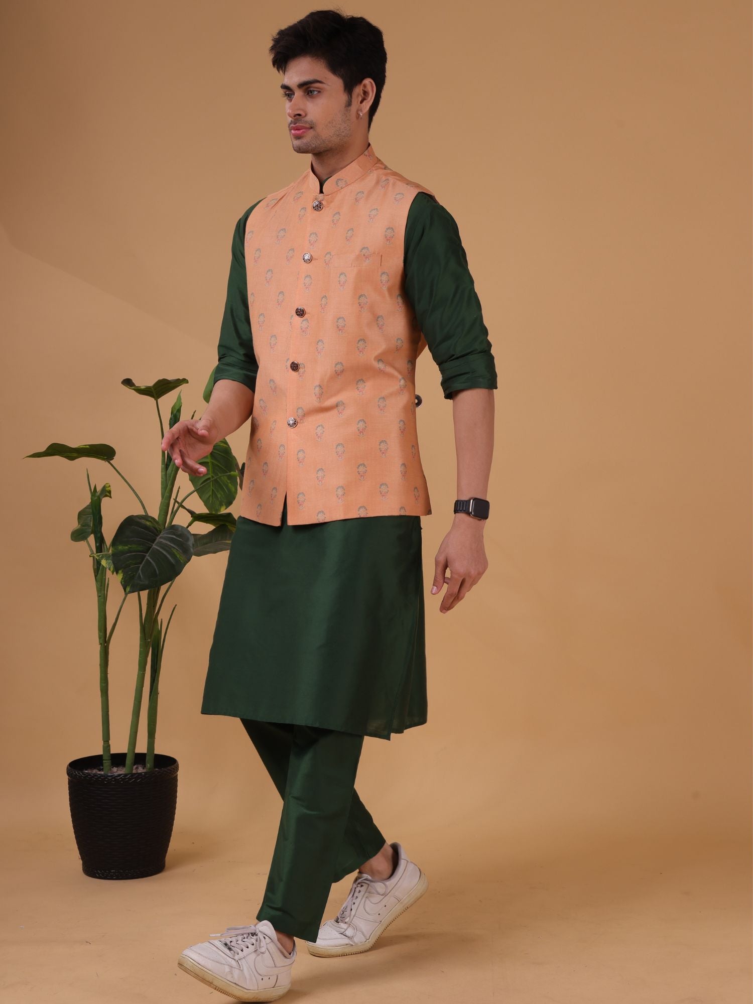 Apricot Orange Buti Pattern Cotton Silk Nehru Jacket