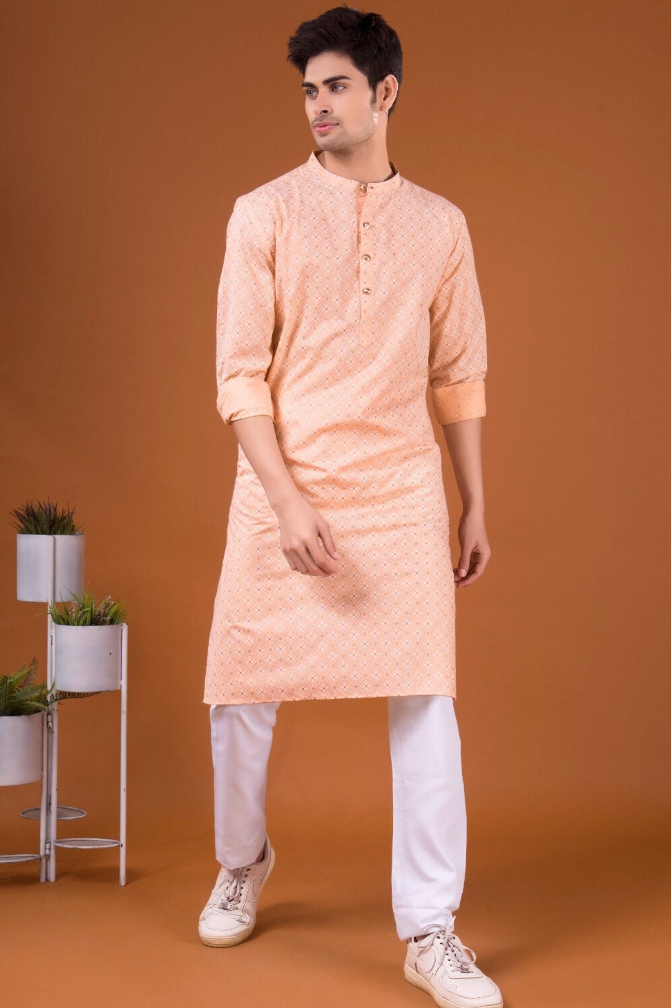 Butter Cream Lotus Gold Printed Cotton Kurta