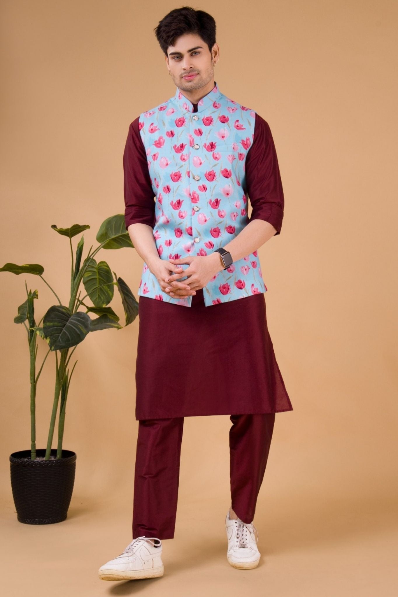 Barn Red Solid Pattern Silk Kurta Jacket Set