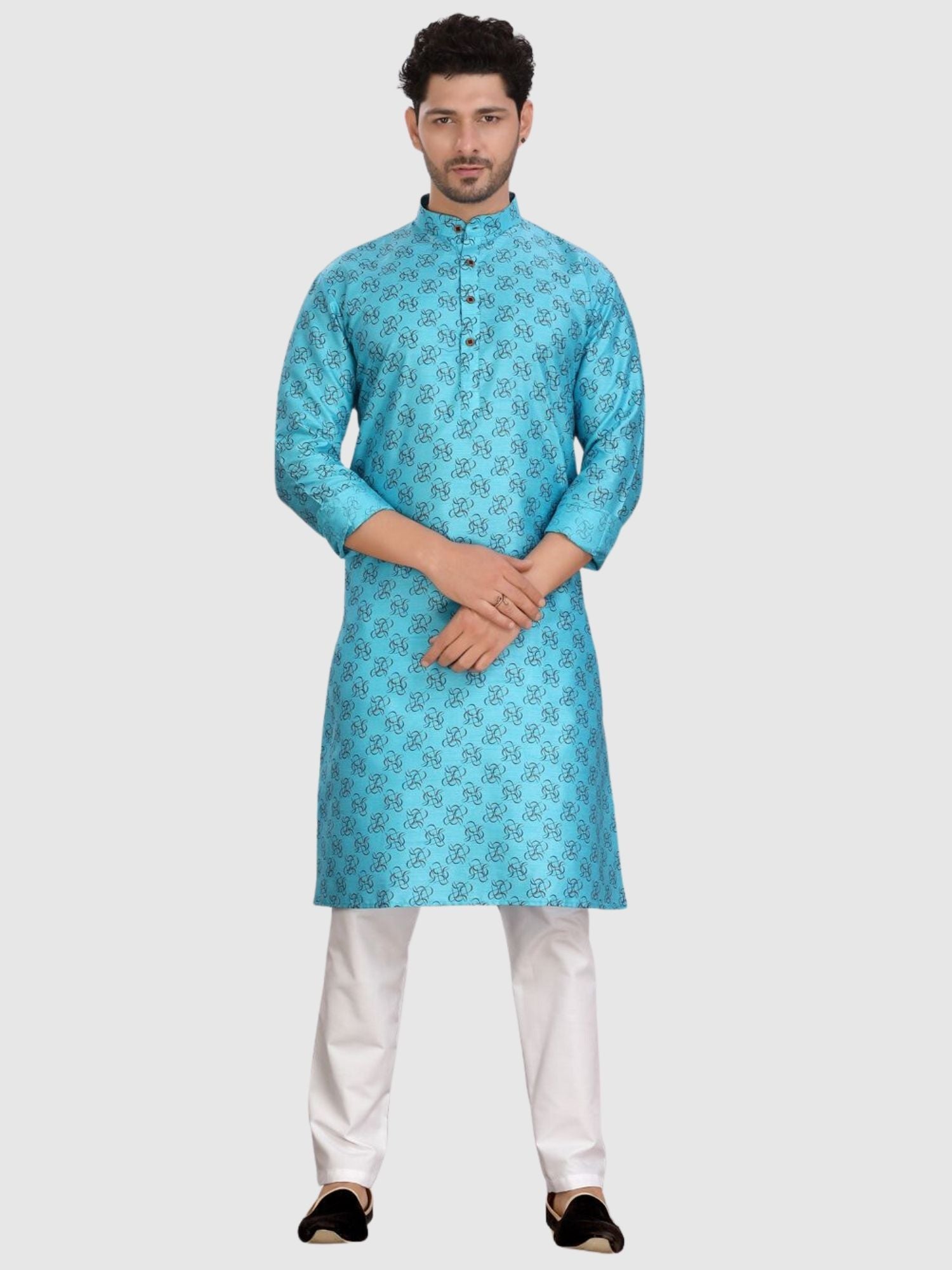 Iris Blue Silk Printed Kurta  and Matching Dhoti