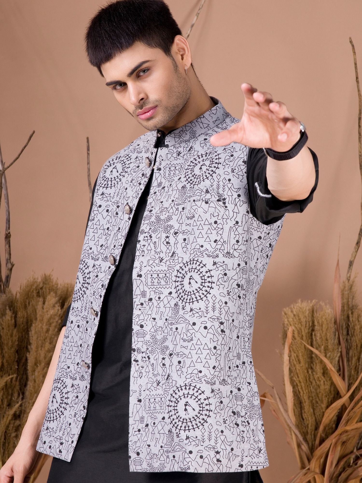 Jade Black Solid Pattern Kurta Jacket Set