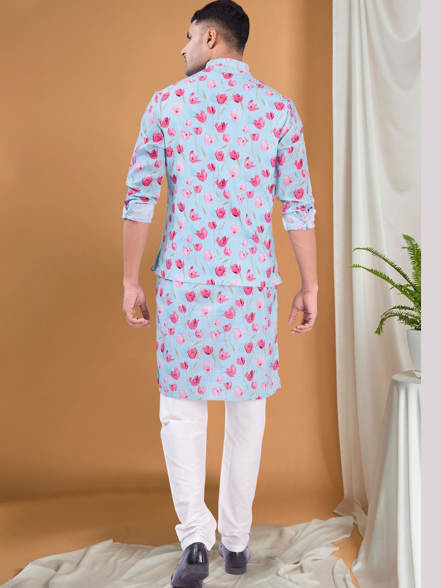 Light Blue Tropical Paradise Kurta Jacket Set