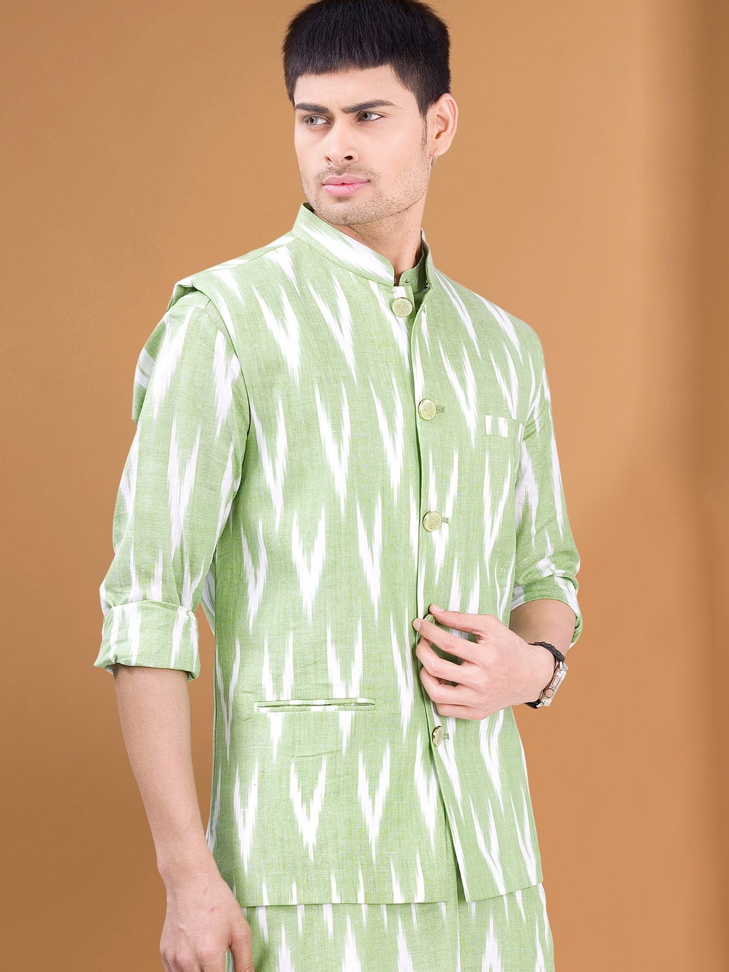 Tropical Green Ikat Print Kurta Jacket Set