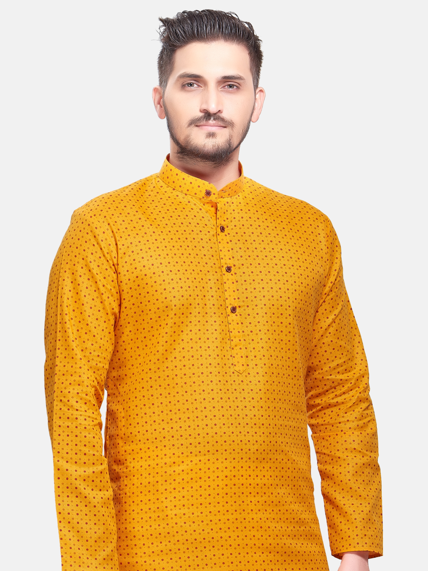 Sunshine Yellow Dot Printed  Cotton Kurta  and Matching Dhoti