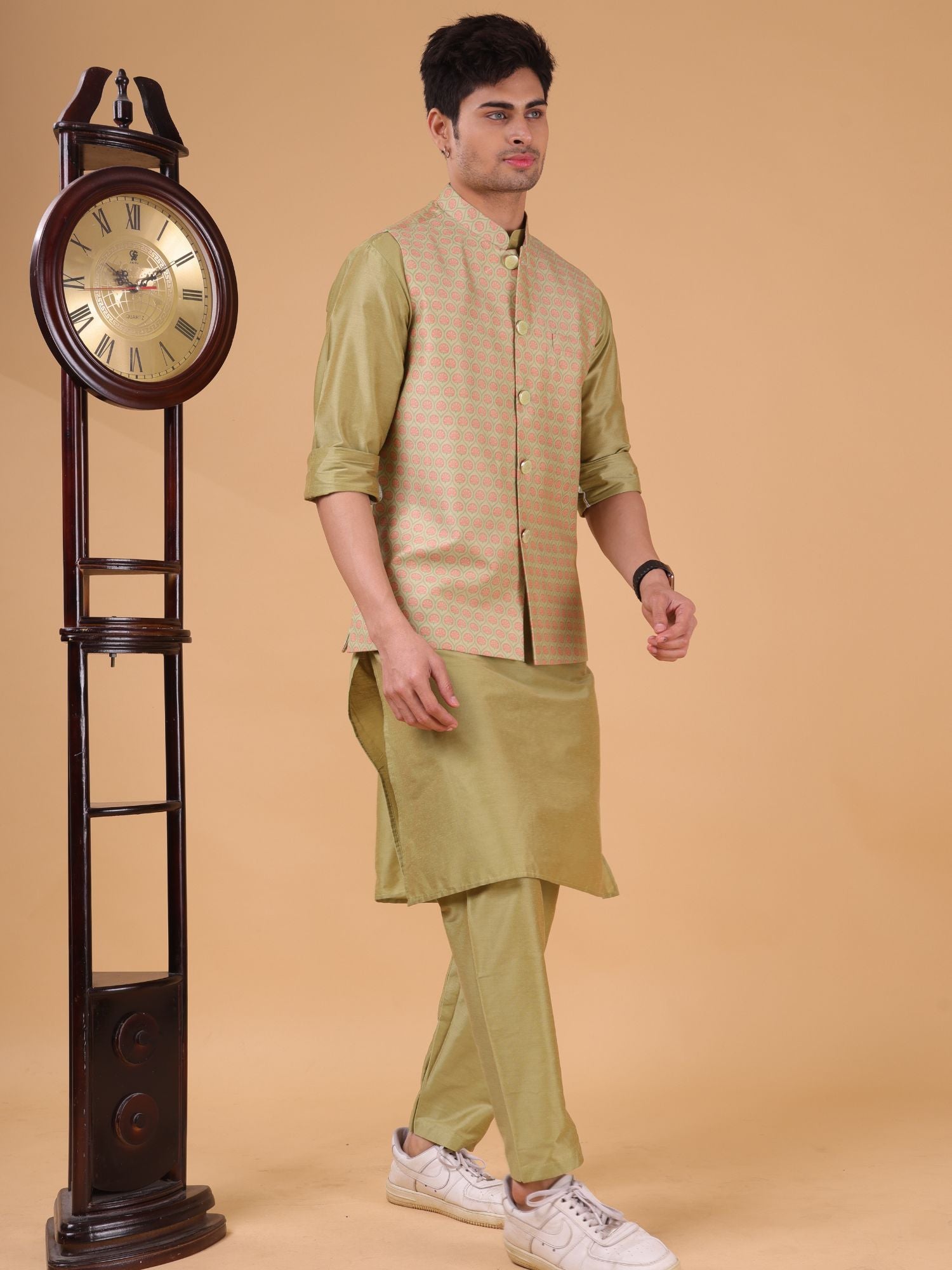 Mint Green Buti Pattern Cotton Silk Nehru Jacket