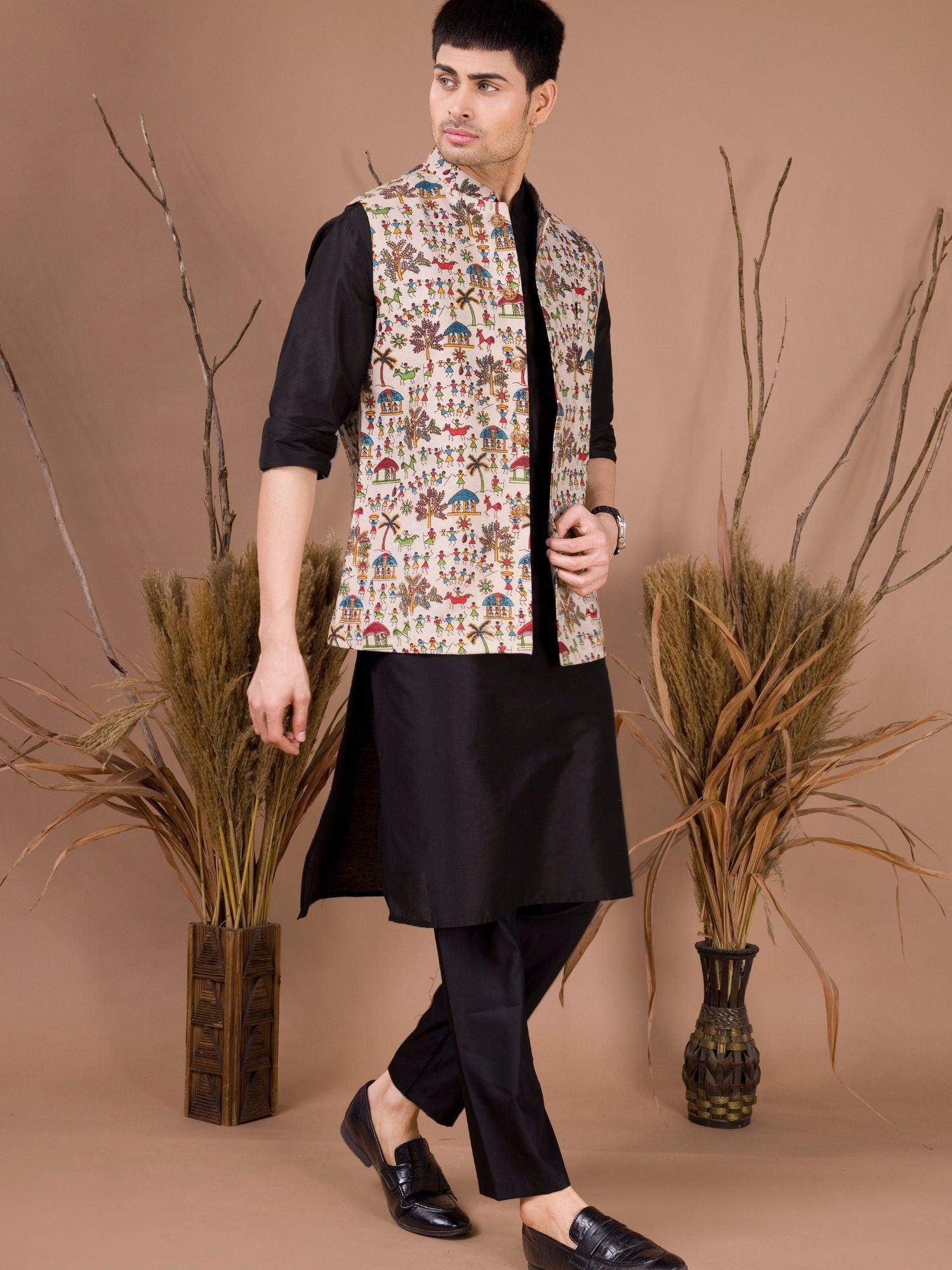 Jade Black Solid Pattern Kurta Jacket Set