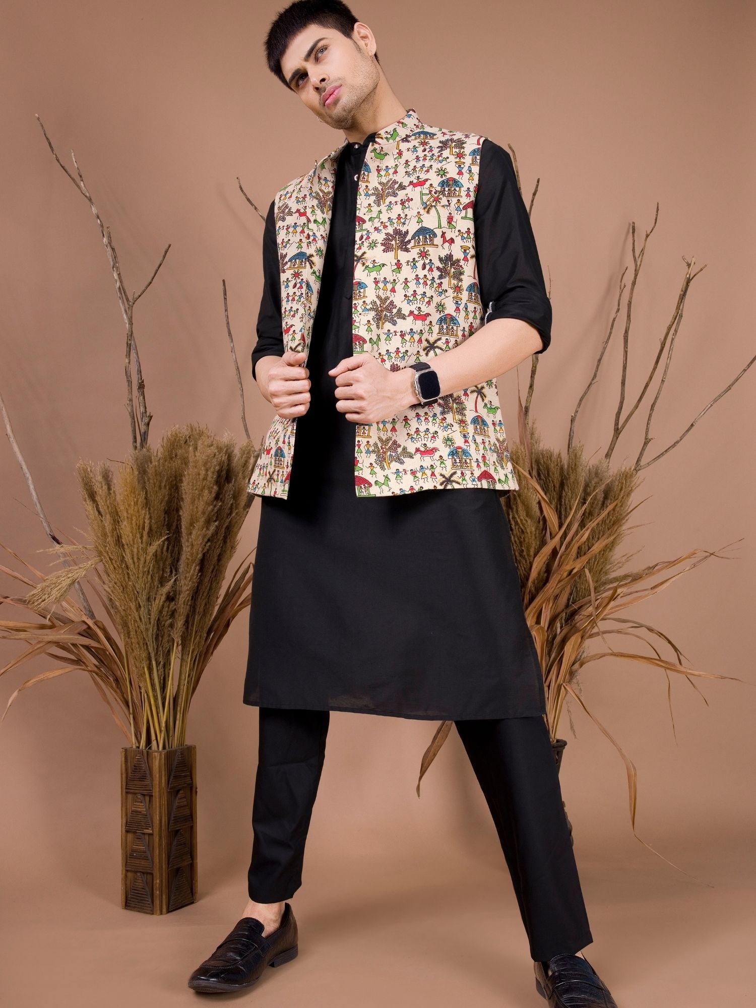 Jade Black Solid Pattern Kurta Jacket Set