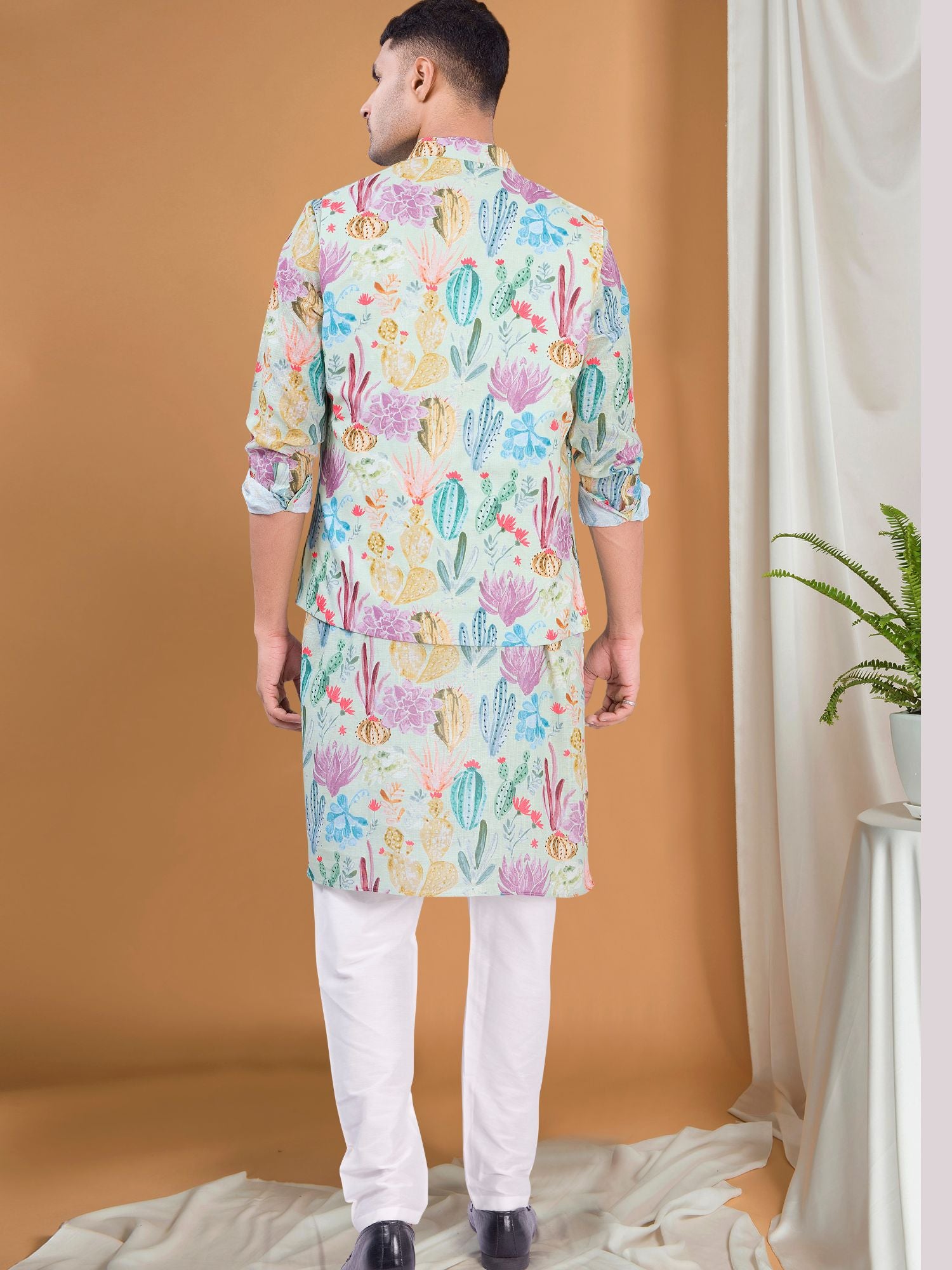 Light Green Tropical Paradise Kurta Jacket Set