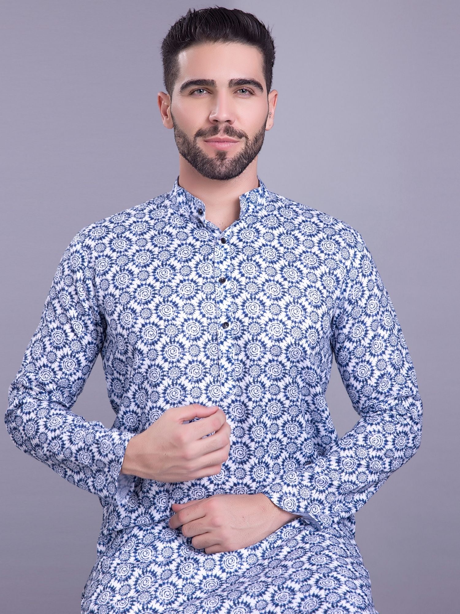 Iris Blue Indi Print Cotton  Kurta