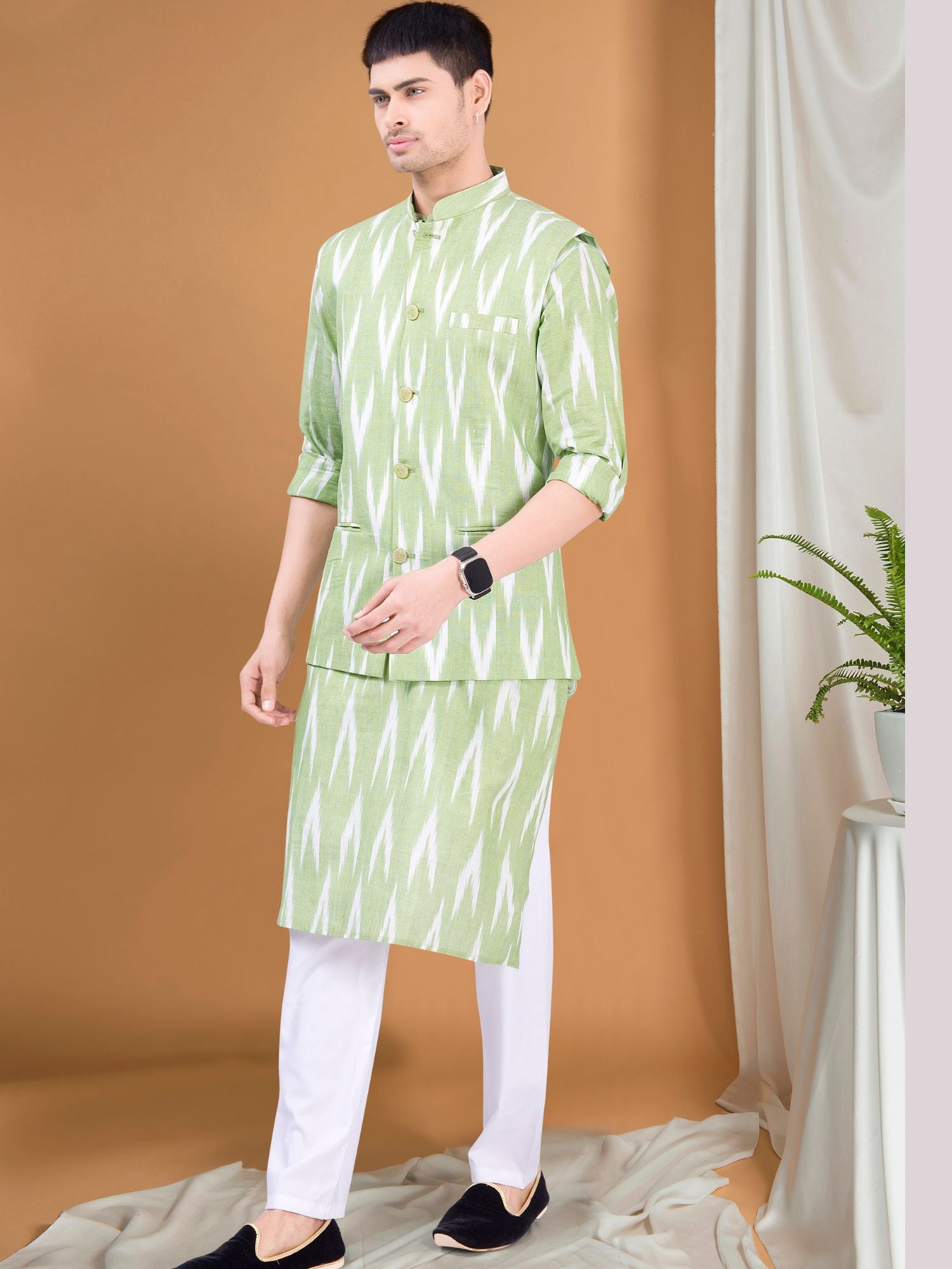 Tropical Green Ikat Print Kurta Jacket Set