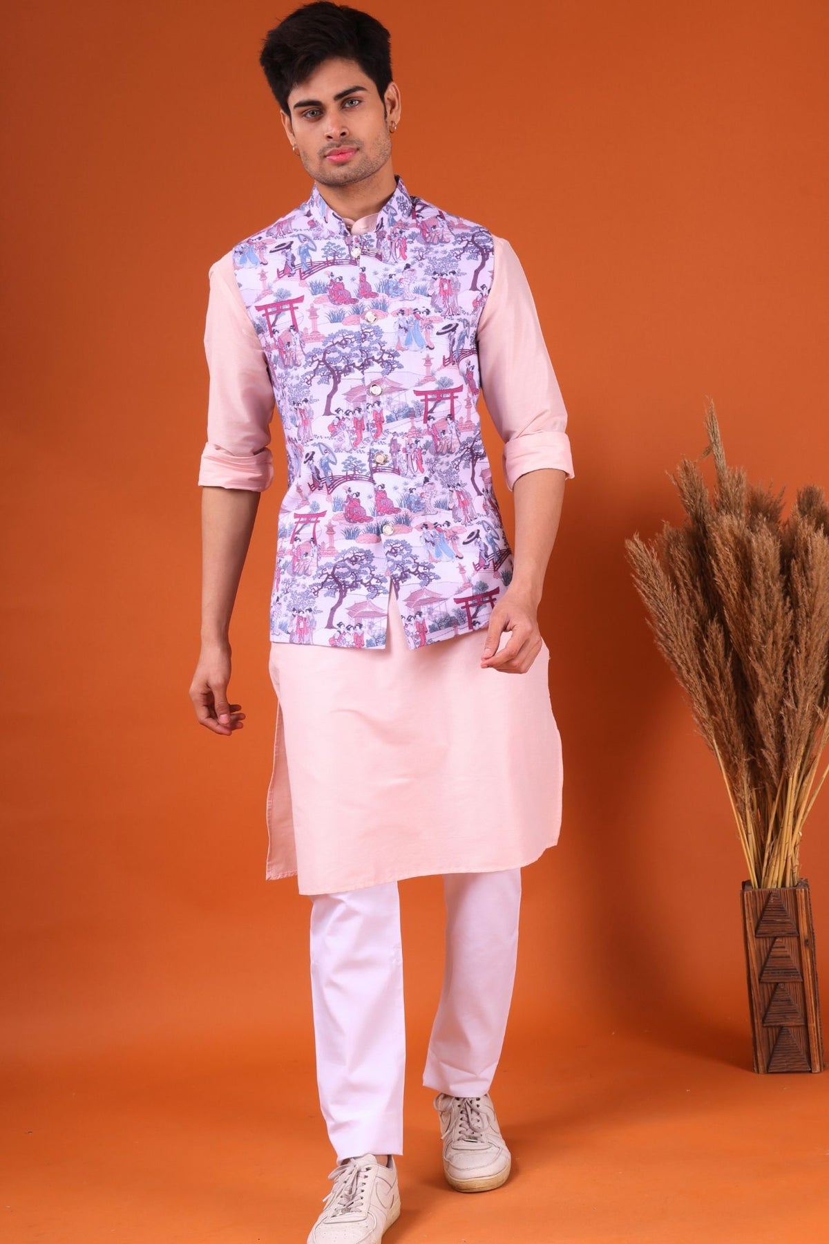 Persion Pink Solid Pattern Silk Kurta Jacket Set