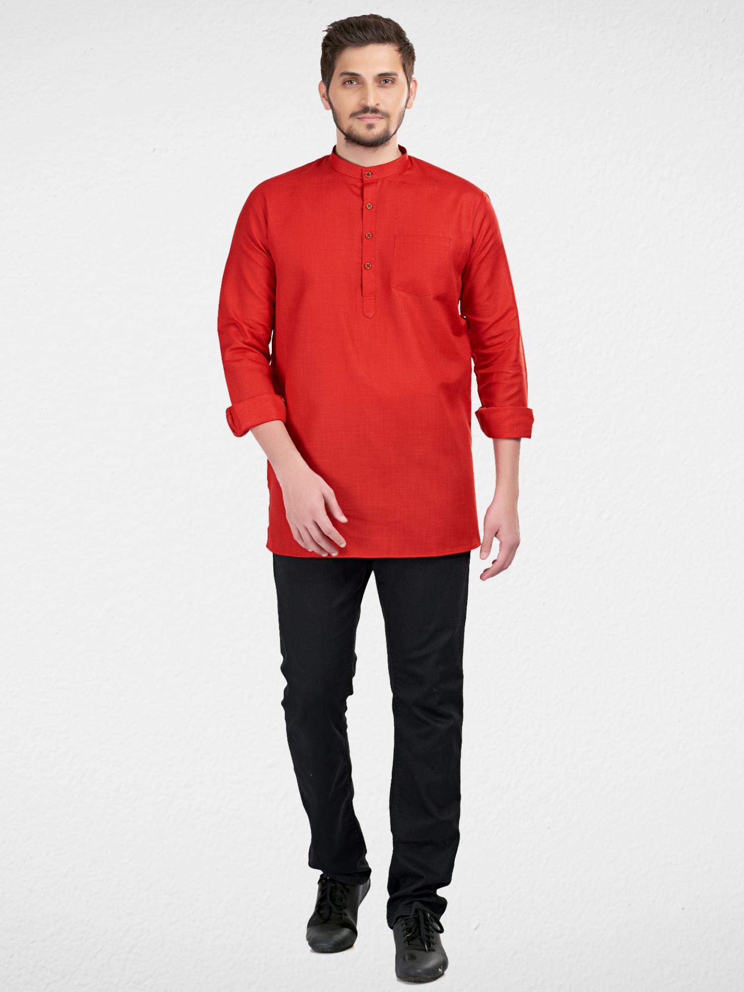 Barn Red Solid Long Sleeves Short Kurta