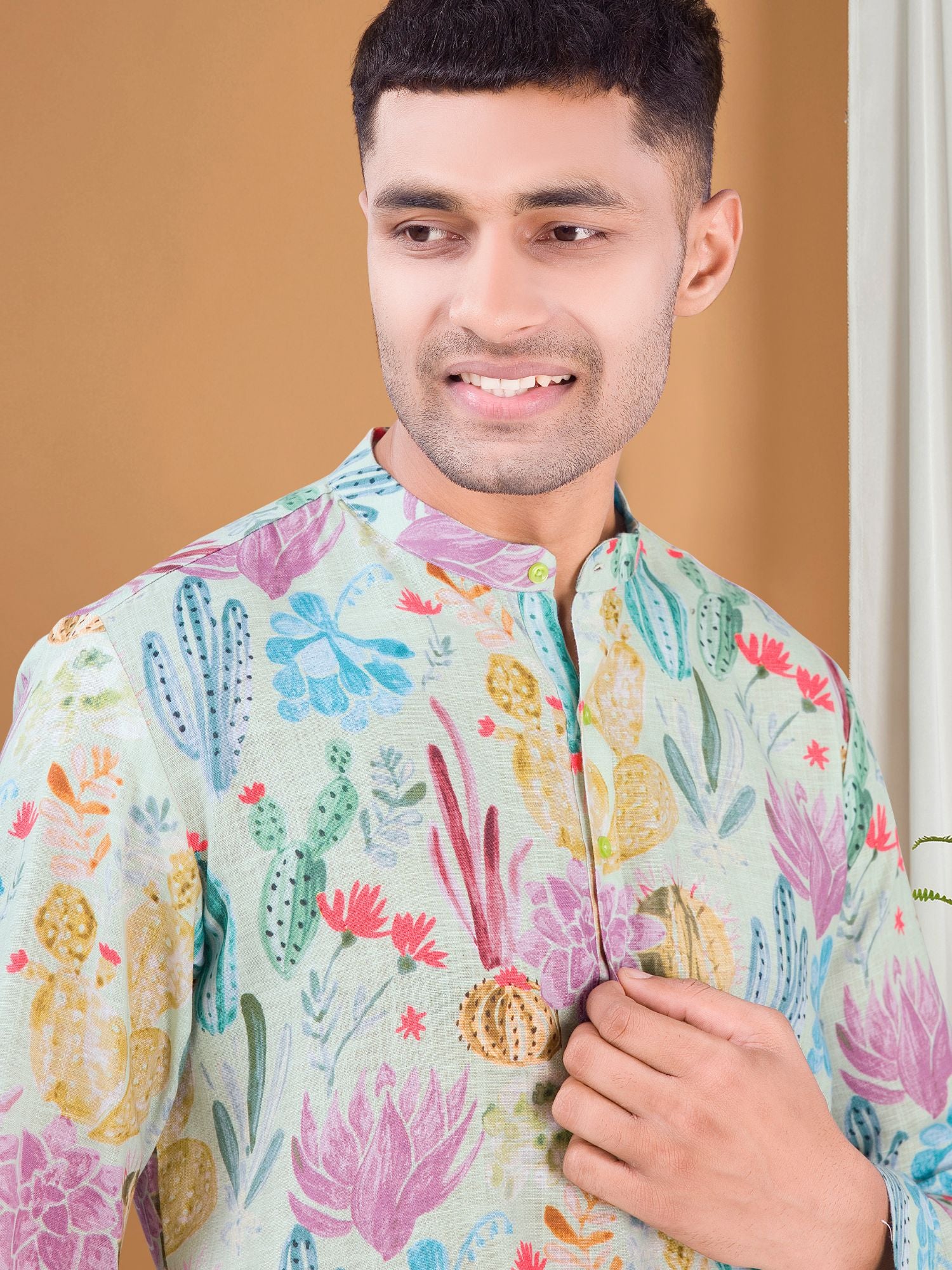 Light Green Tropical Paradise Kurta Jacket Set