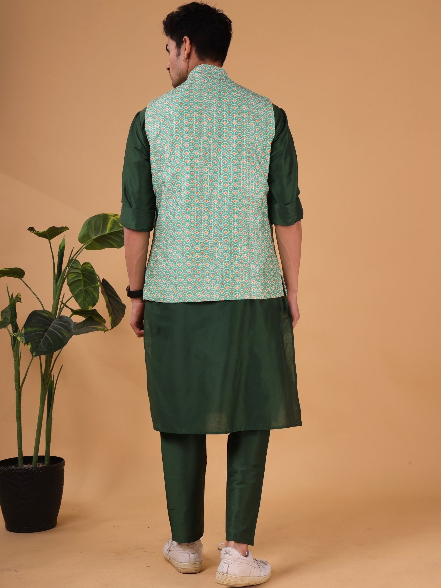 Tropical Green Ikat Print Linen Cotton Nehru Jacket