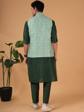 Tropical Green Ikat Print Linen Cotton Nehru Jacket