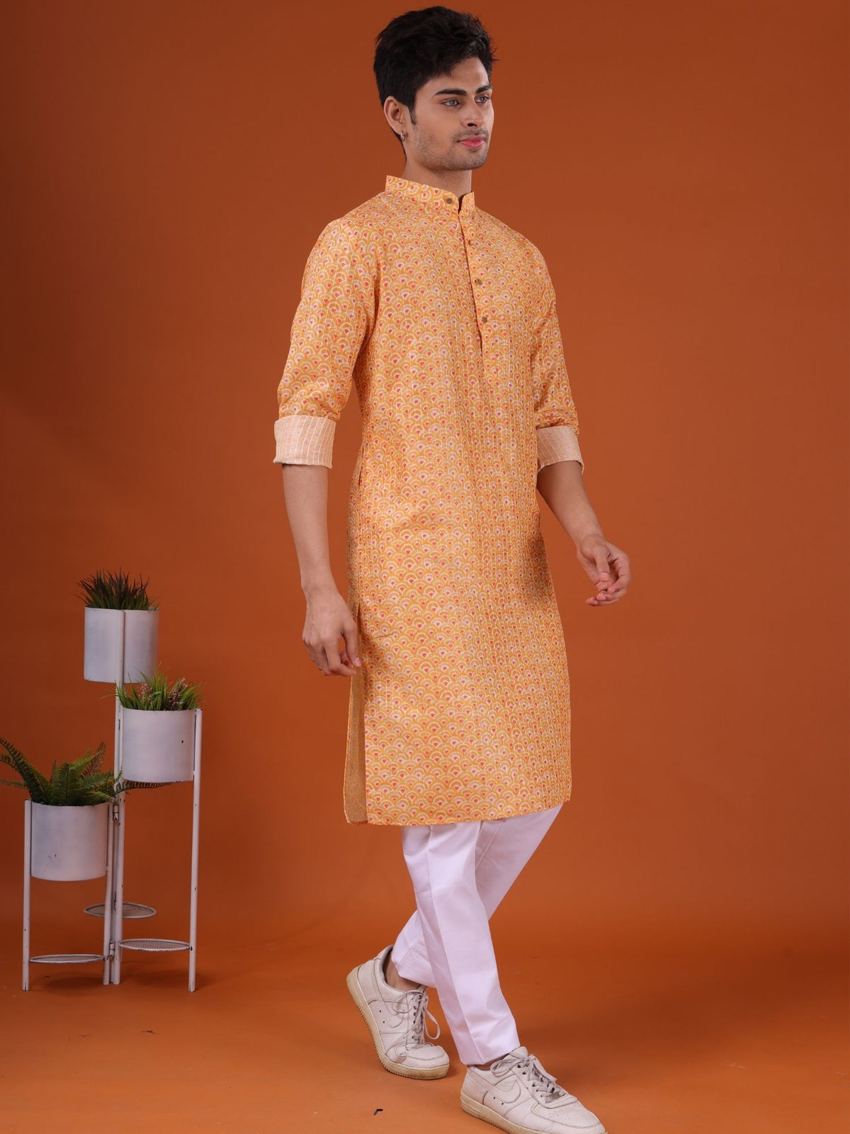 Shine Of Yellow Ikat Print Cotton Silk Kurta