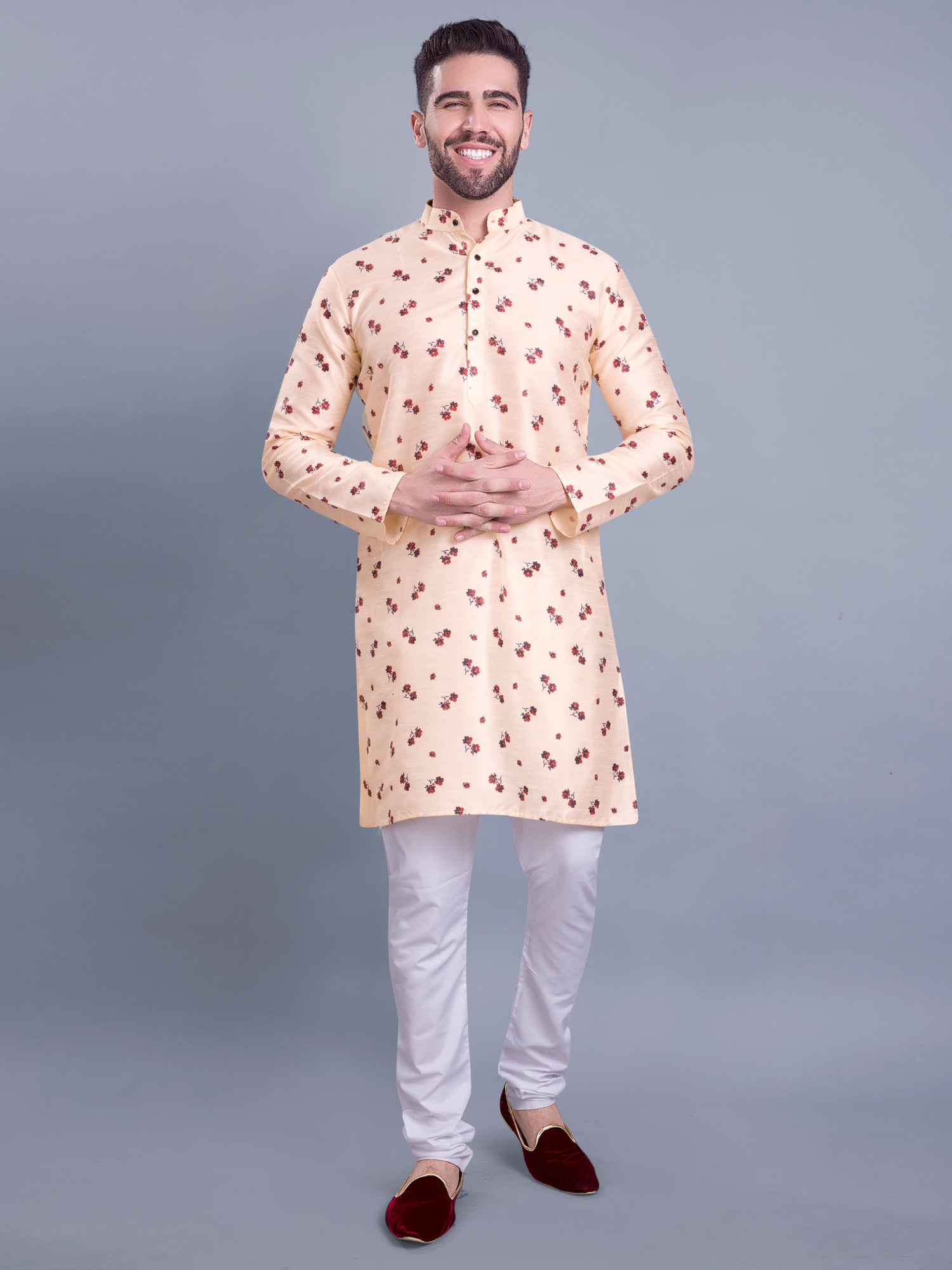 Coral Peach Hloom Printed Silk Kurta