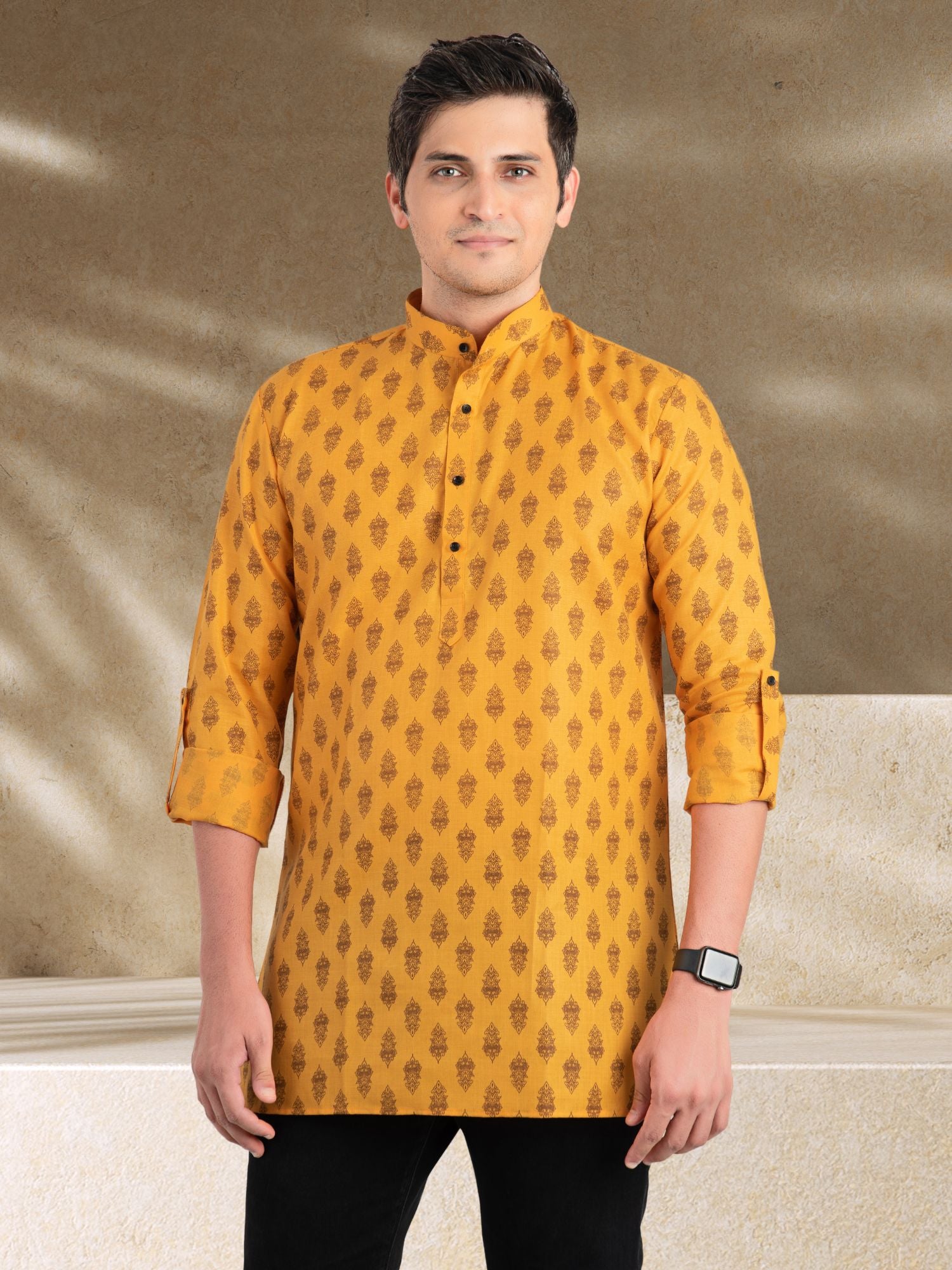 SunShine Yellow Solid Printed Long Sleeves Short Kurta