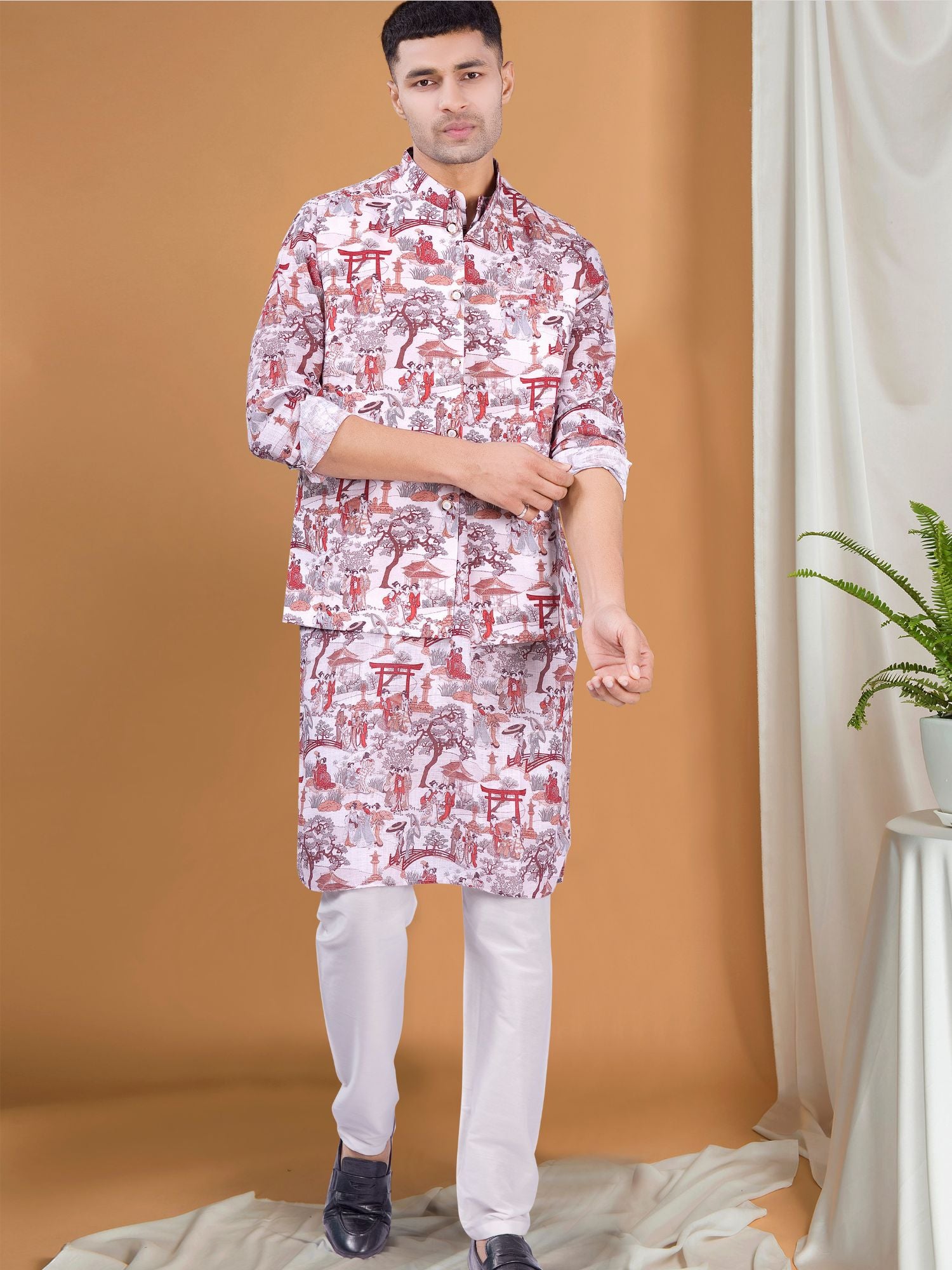 Cider Brown Tropical Paradise Kurta Jacket Set