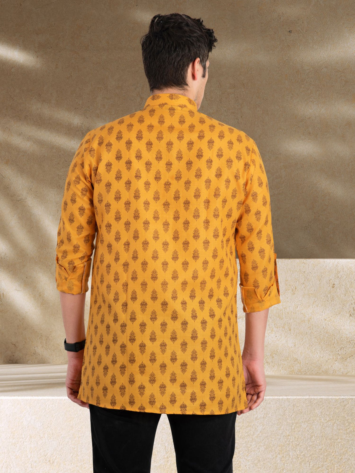 SunShine Yellow Solid Printed Long Sleeves Short Kurta