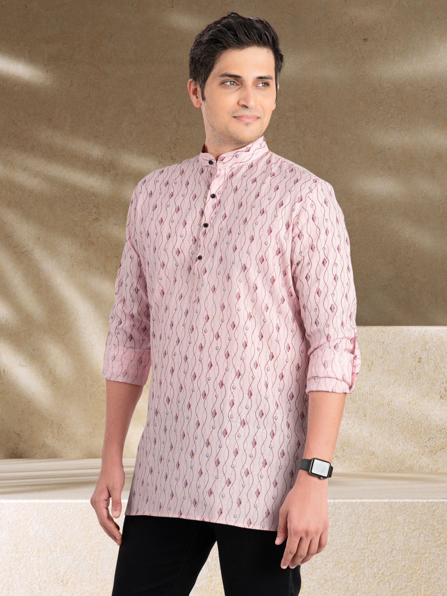 Persion Pink Solid Printed Long Sleeves Short Kurta