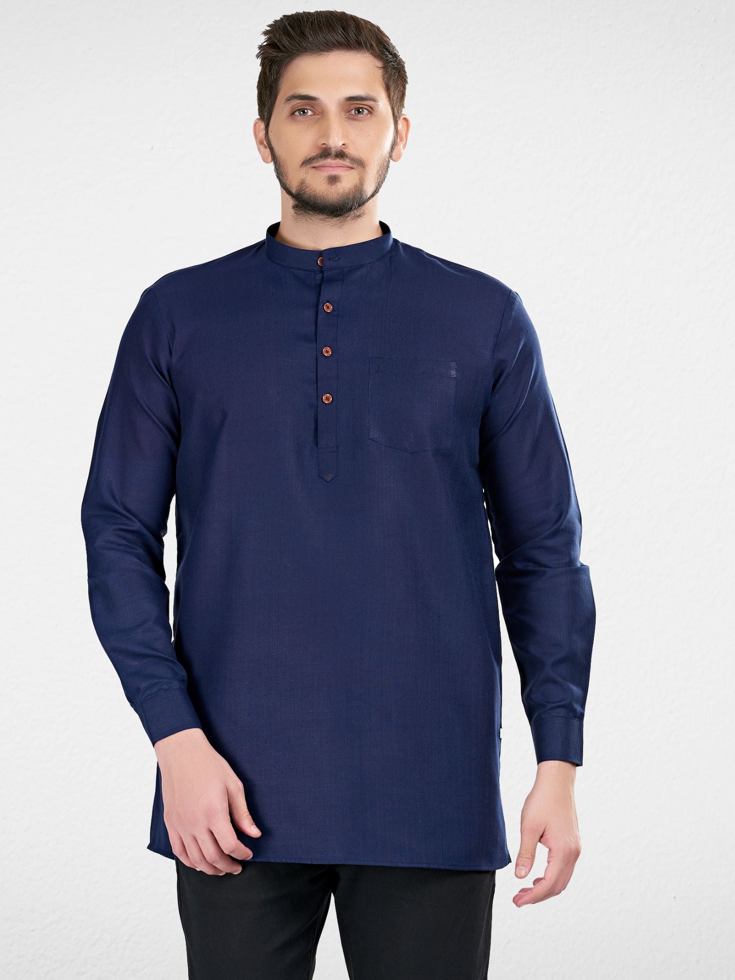 Indigo Blue Solid Long Sleeves Short Kurta