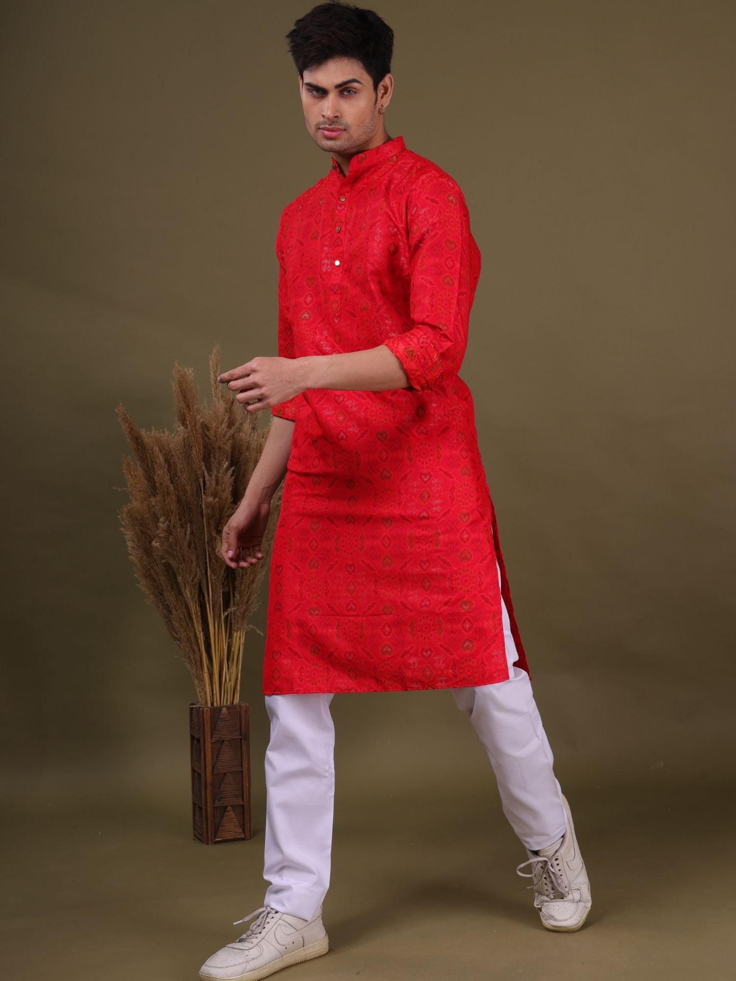 Barn Red Ikat Print Cotton Silk Kurta