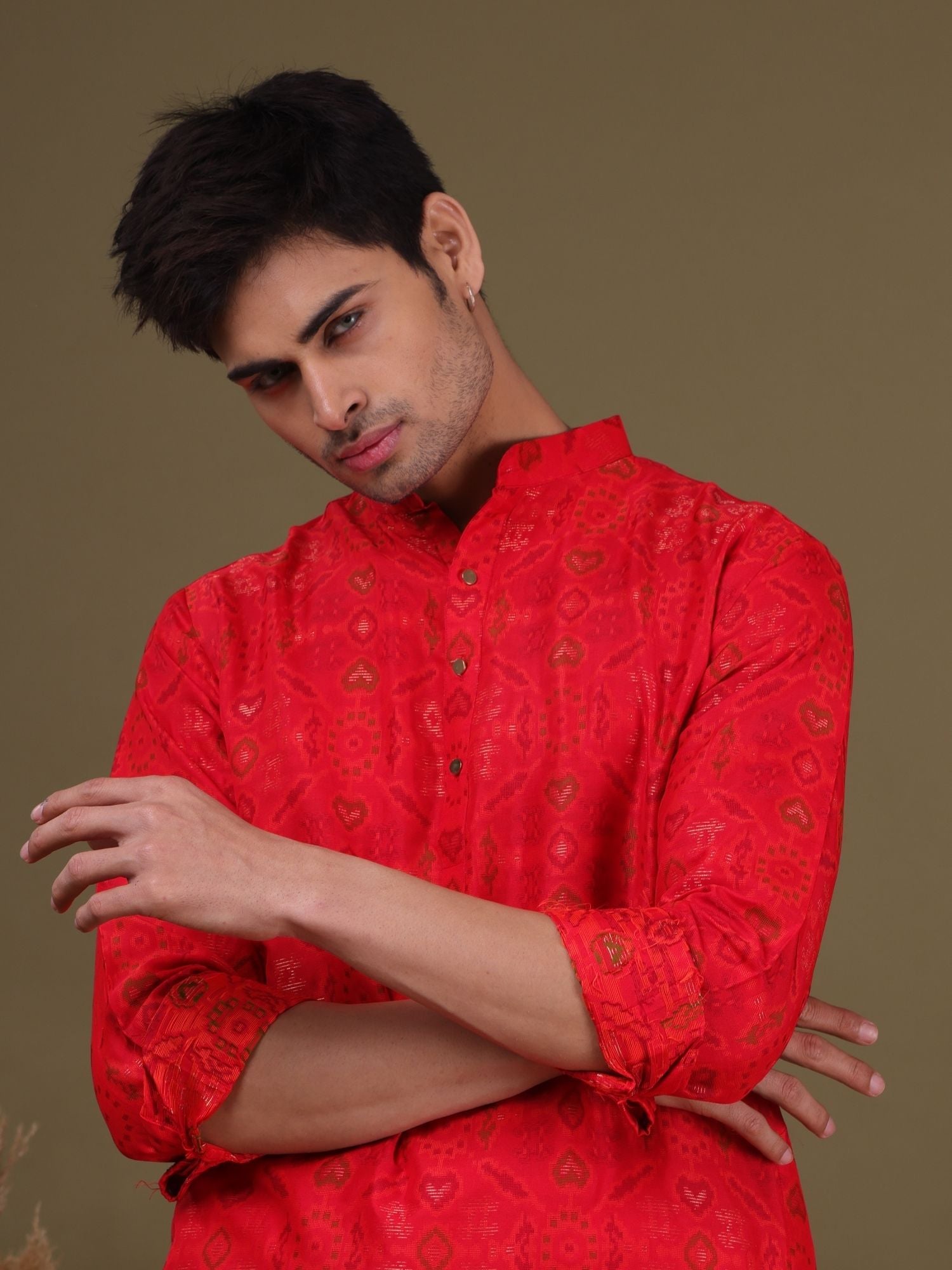 Barn Red Ikat Print Cotton Silk Kurta