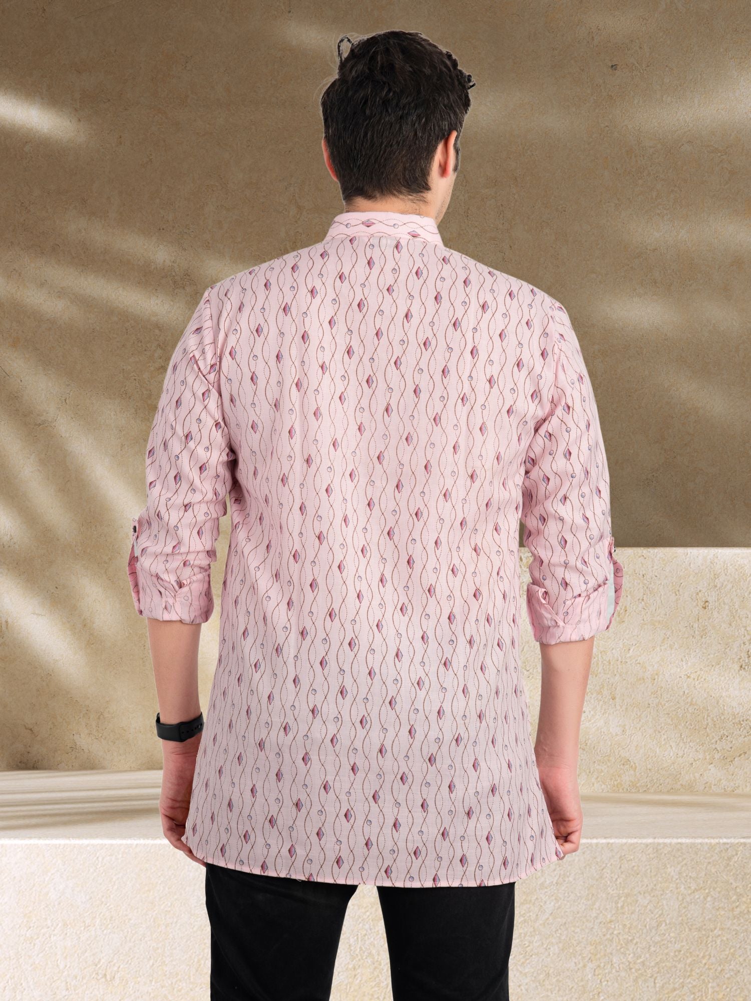 Persion Pink Solid Printed Long Sleeves Short Kurta