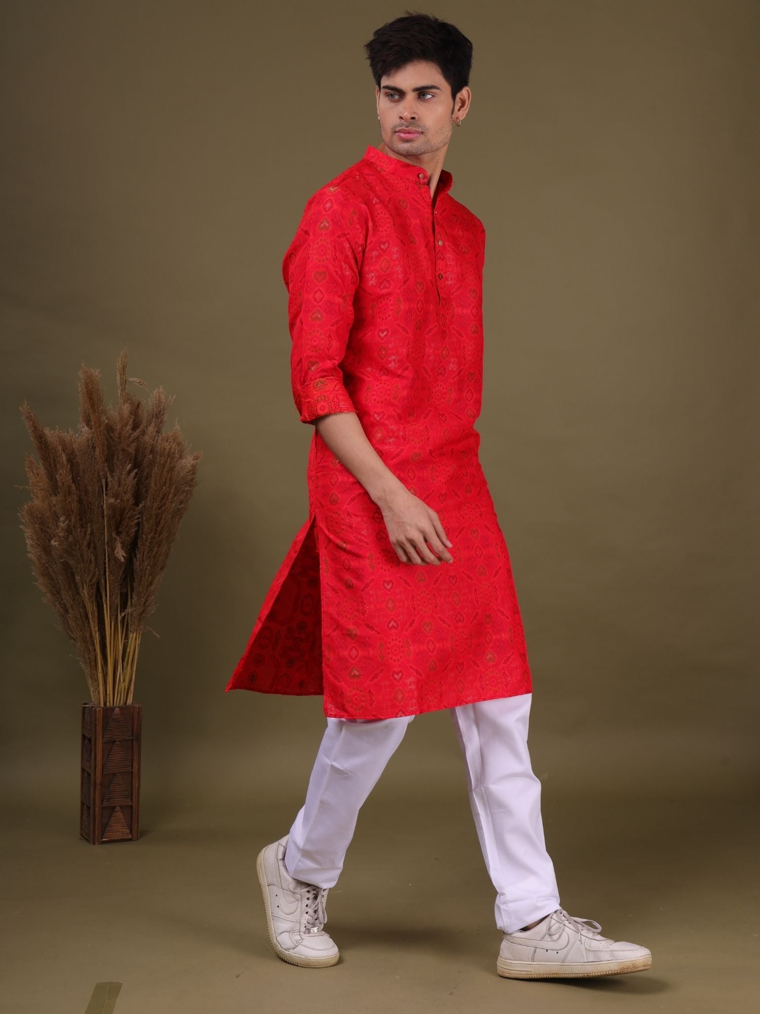 Barn Red Ikat Print Cotton Silk Kurta