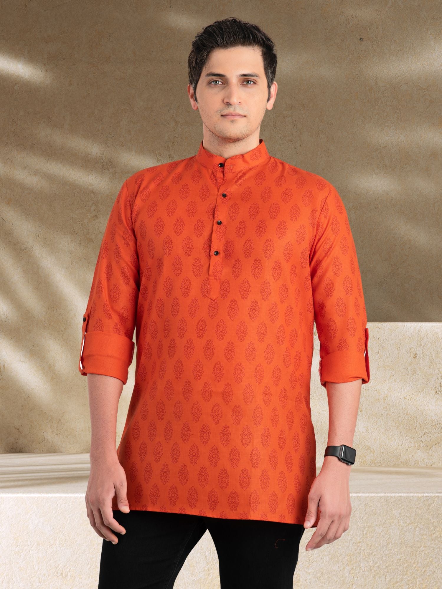 Apricot Orange Solid Printed Long Sleeves Short Kurta