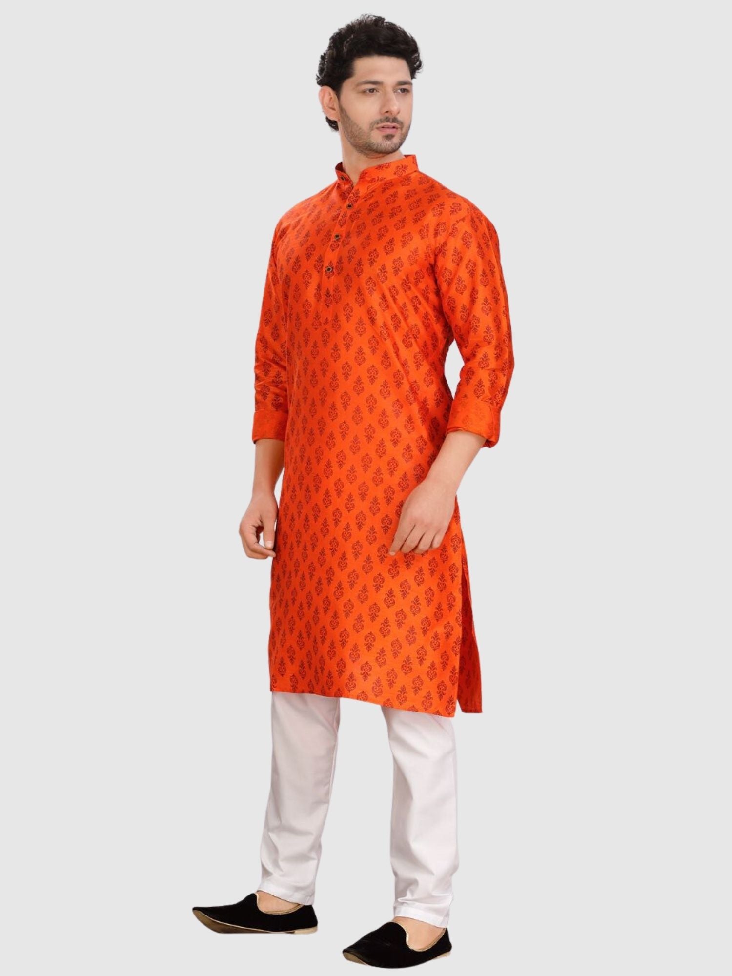 Apricot Orange Silk Printed Kurta  and Matching Dhoti