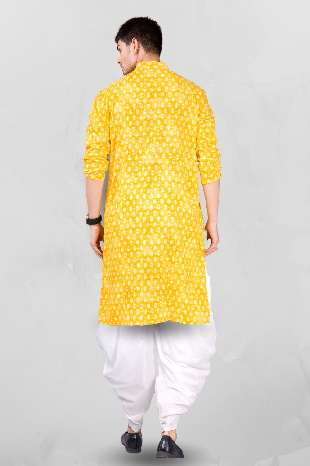 Shine Of Yellow Paisley Design Cotton Kurta Peshawari Set