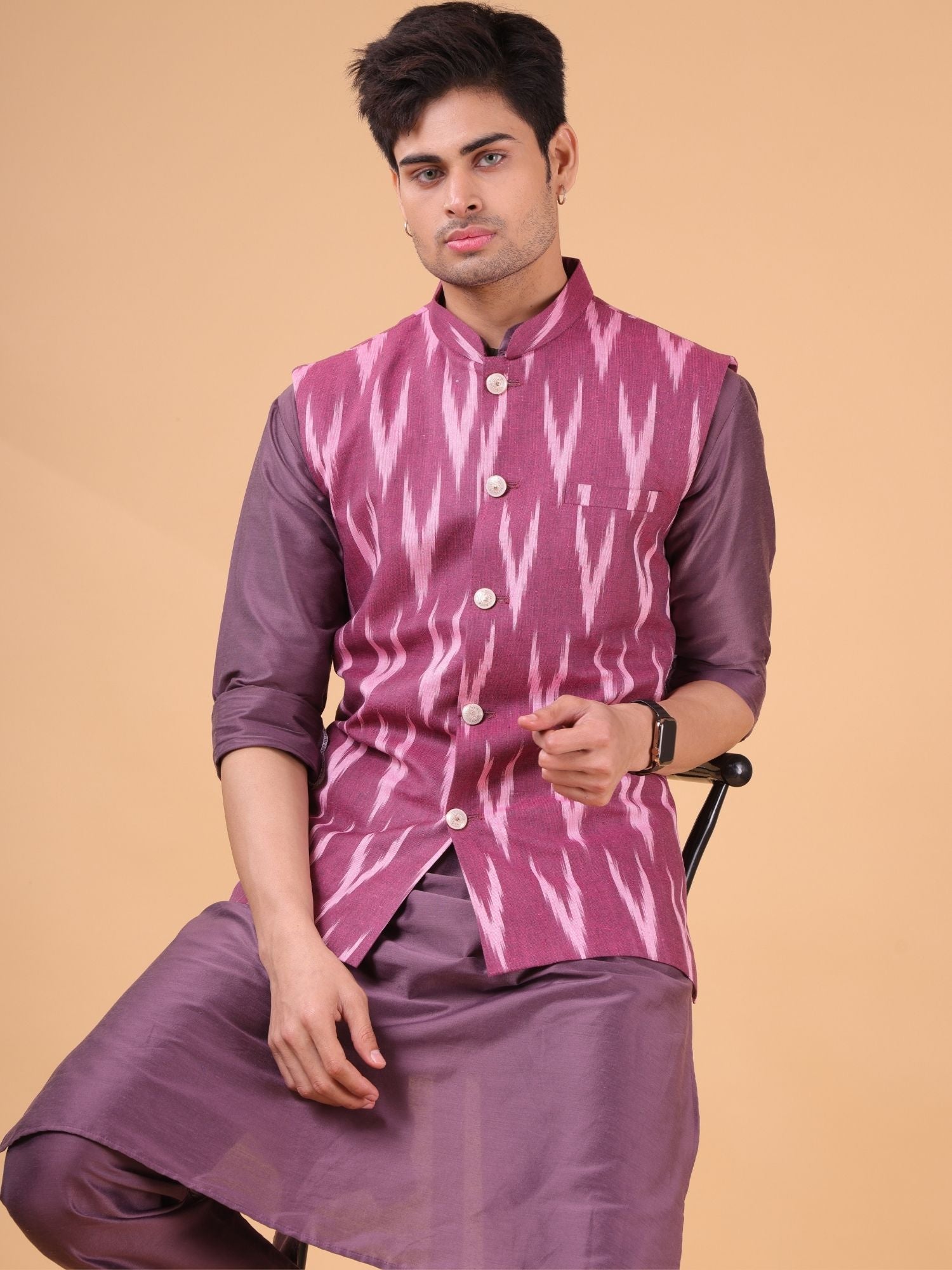 Rich Maroon Solid Pattern Cotton Kurta Jacket Set