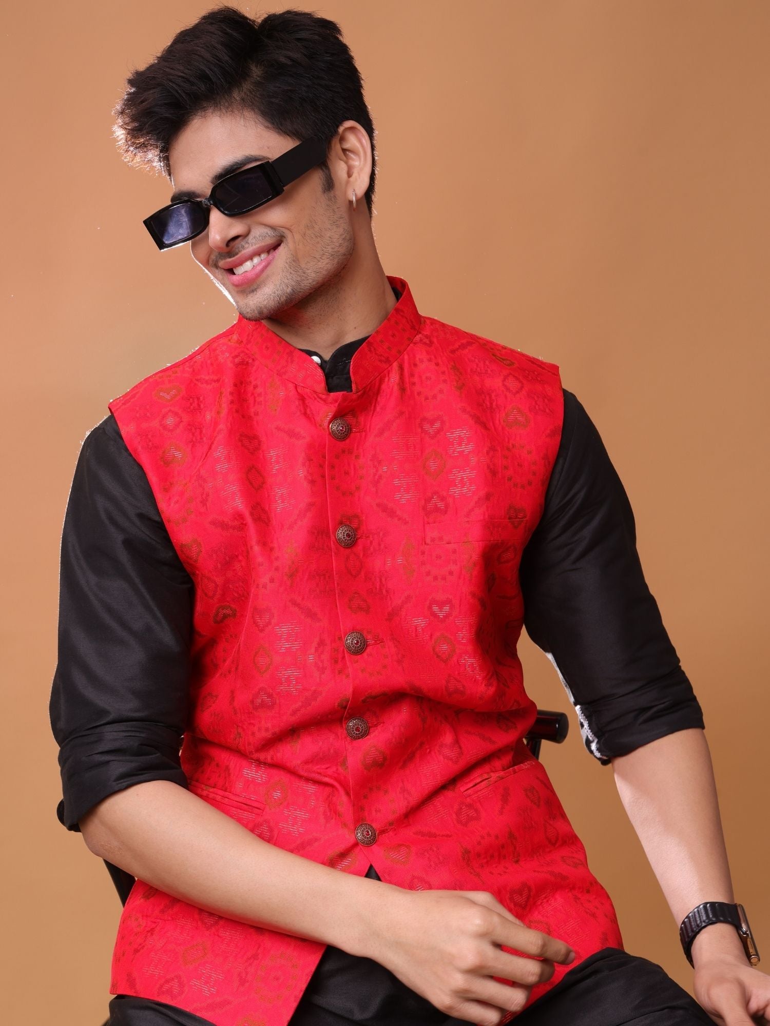 Barn Red Ikat Print Linen Cotton Nehru Jacket