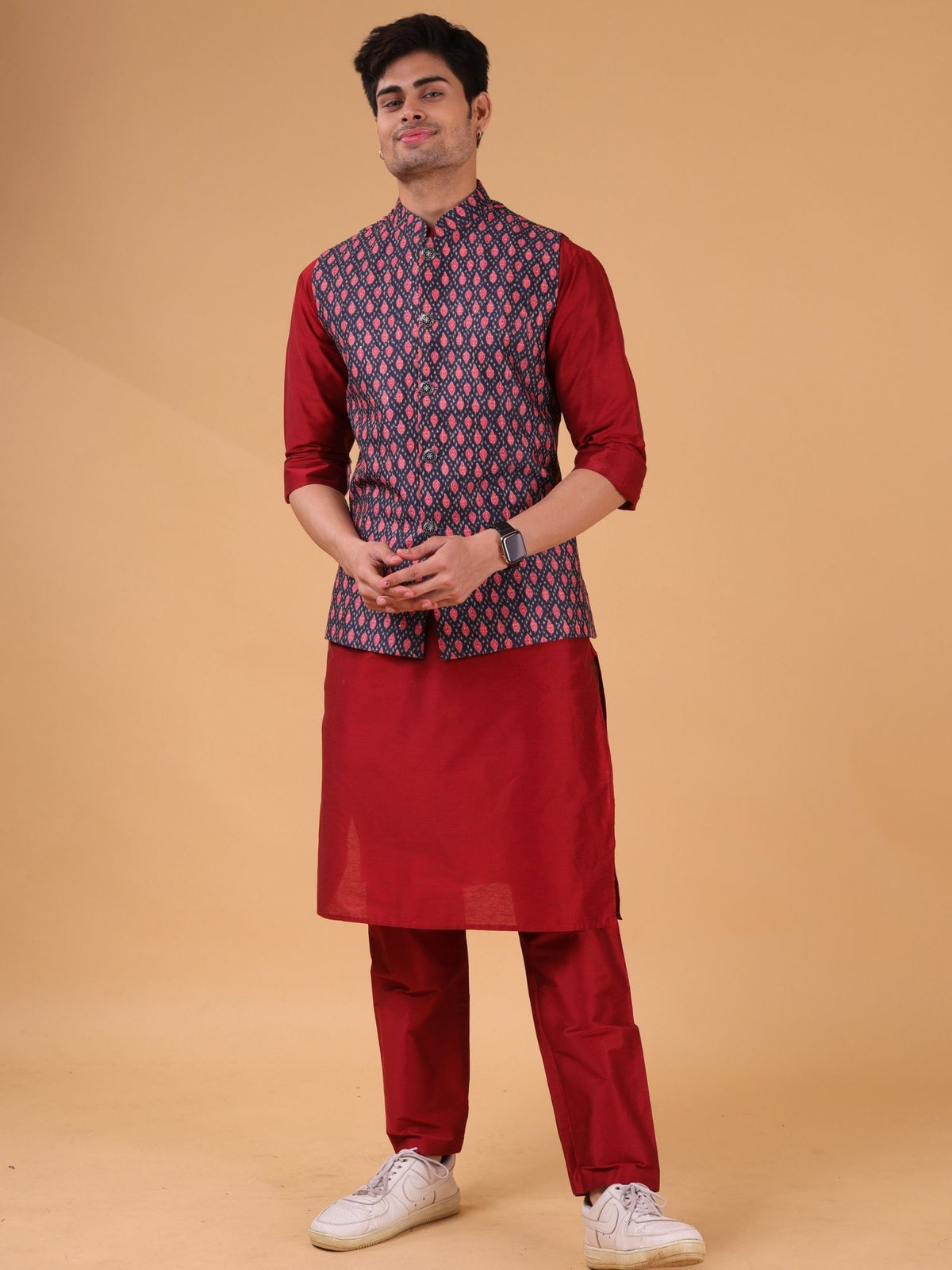 Barn Red Solid Pattern Cotton Silk Kurta Jacket Set