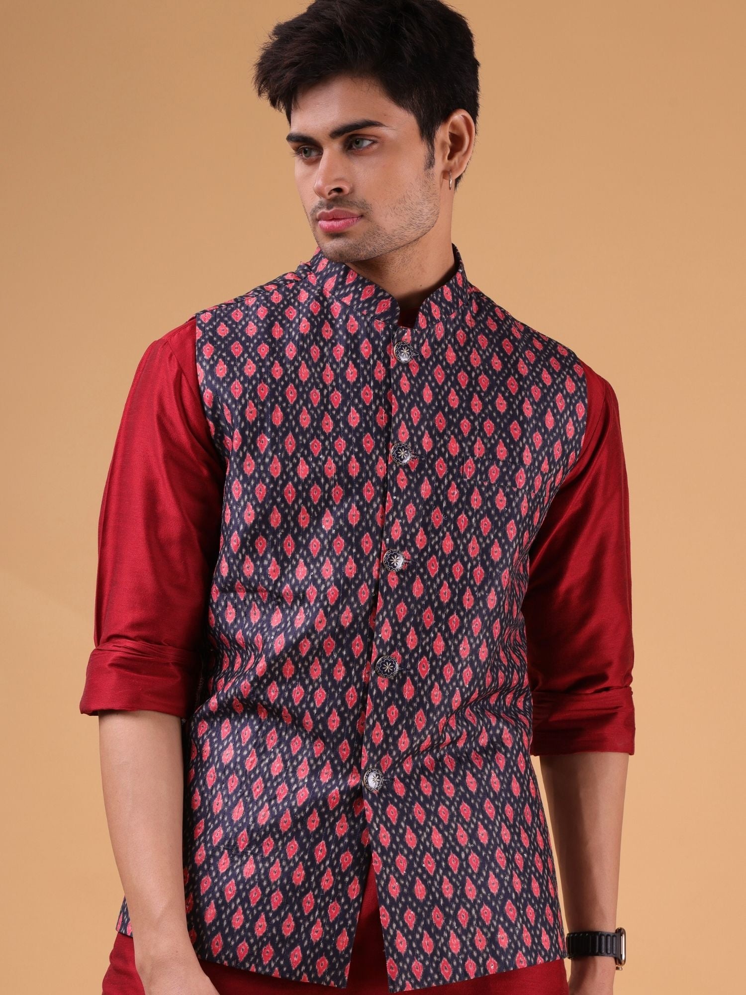 Barn Red Solid Pattern Cotton Silk Kurta Jacket Set